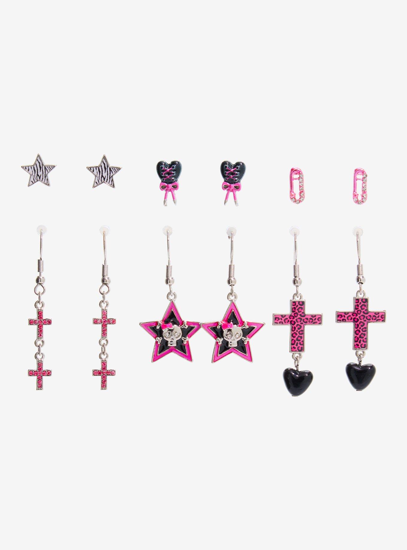 Pink Leopard Heart Cross Earring Set, , hi-res