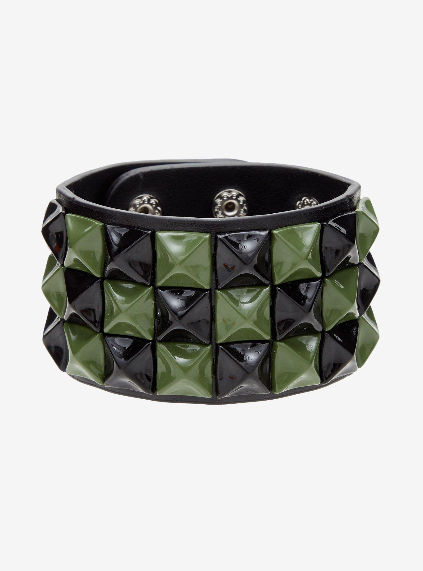 Social Collision Black & Green Pyramid Stud Cuff Bracelet, , hi-res