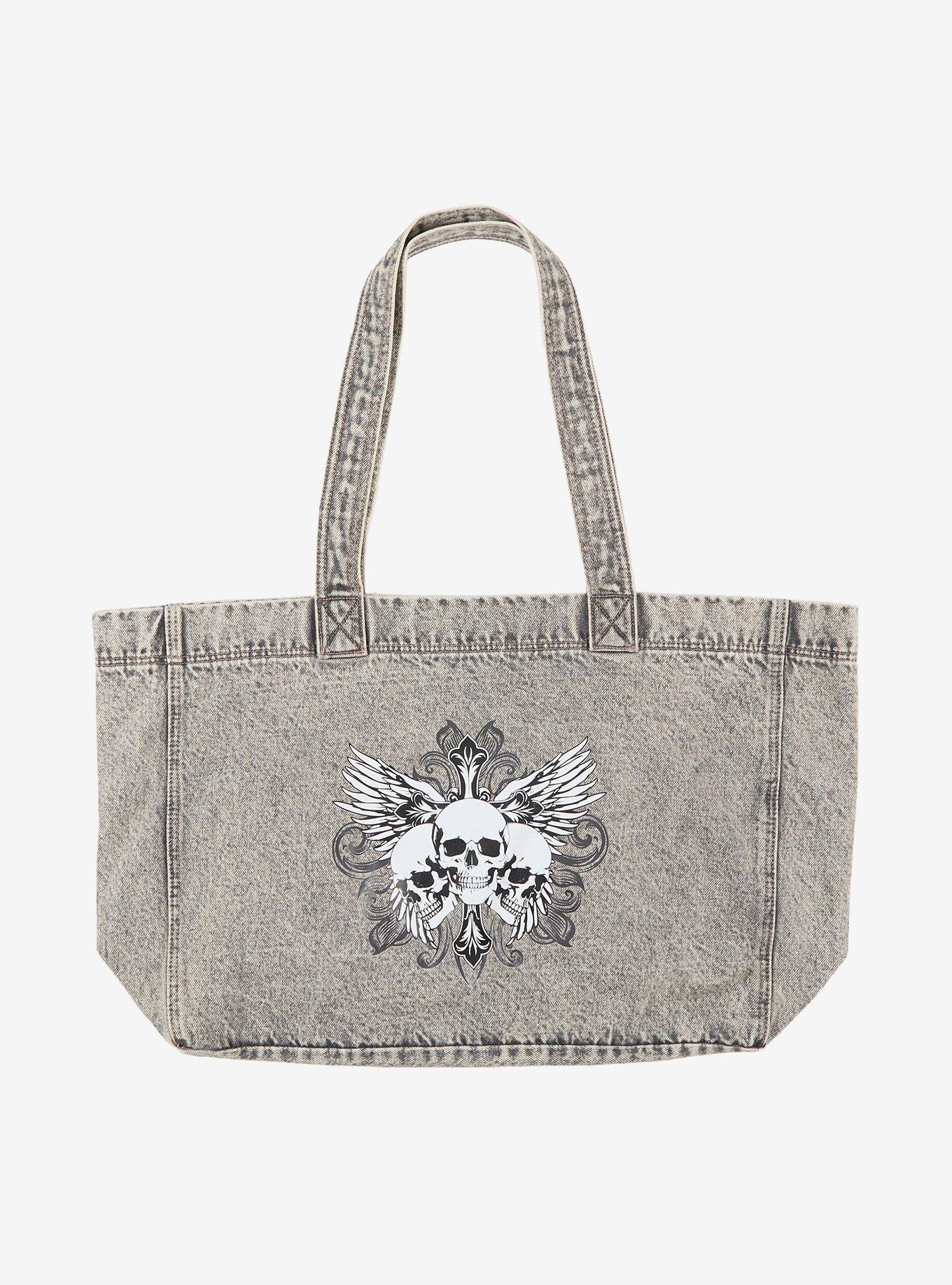 Social Collision Triple Skull Denim Tote Bag, , alternate - view 2