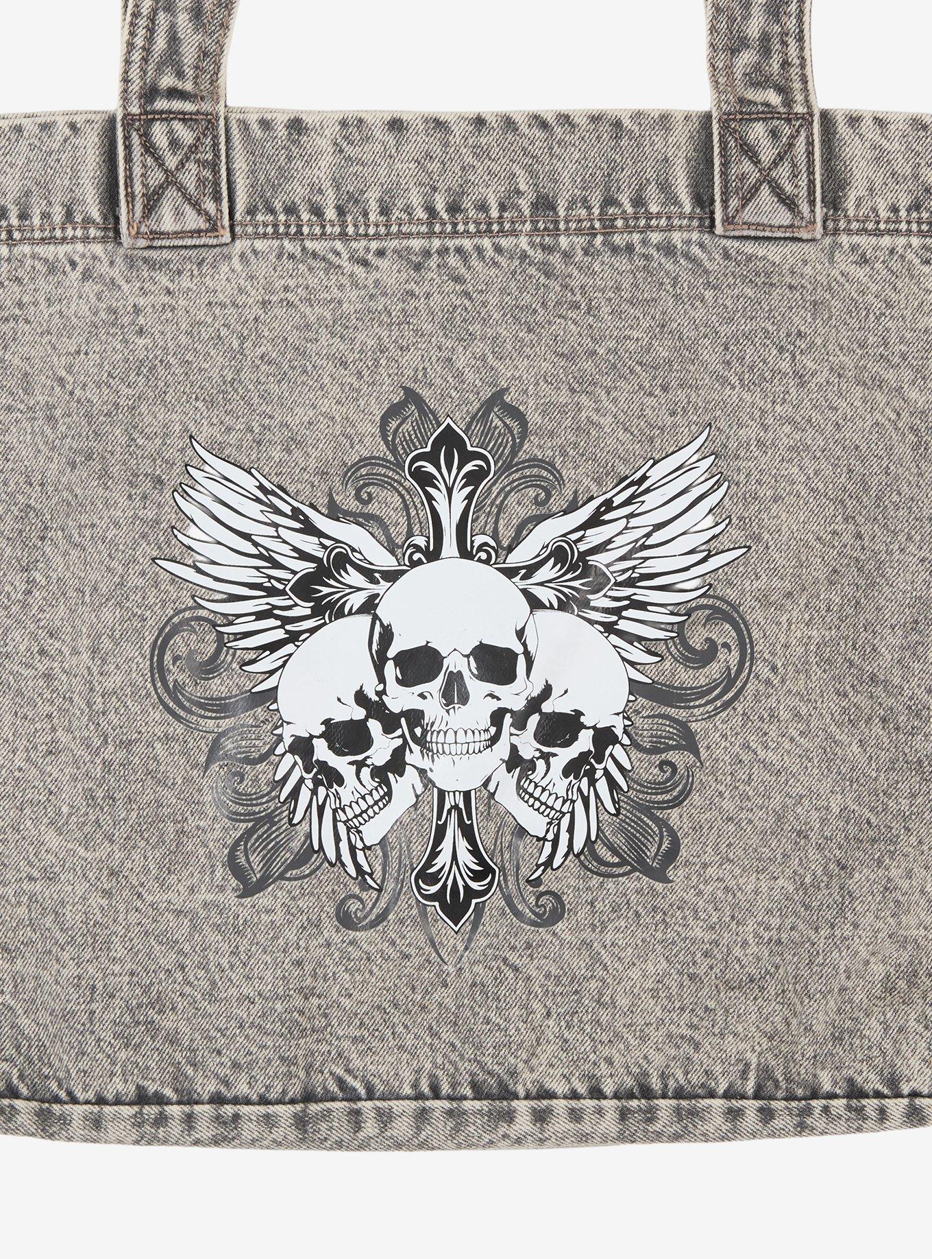 Social Collision Triple Skull Denim Tote Bag, , alternate - view 3