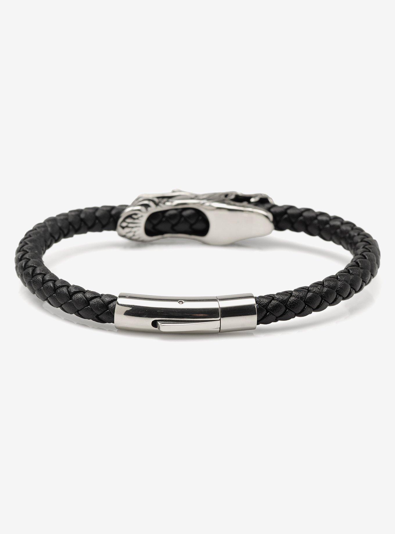 Dragon Head Braided Black Leather Bracelet with Magnetic Closure, , hi-res