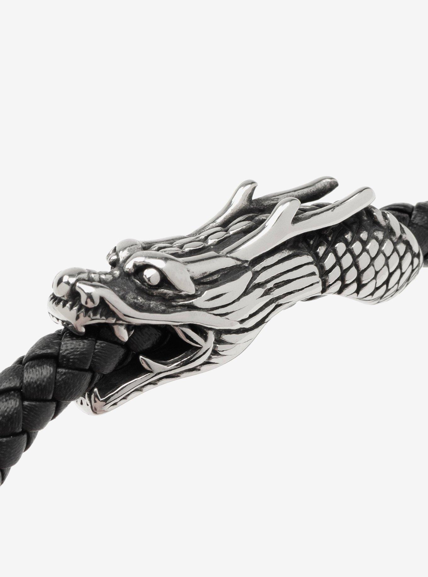 Dragon Head Braided Black Leather Bracelet with Magnetic Closure, , alternate