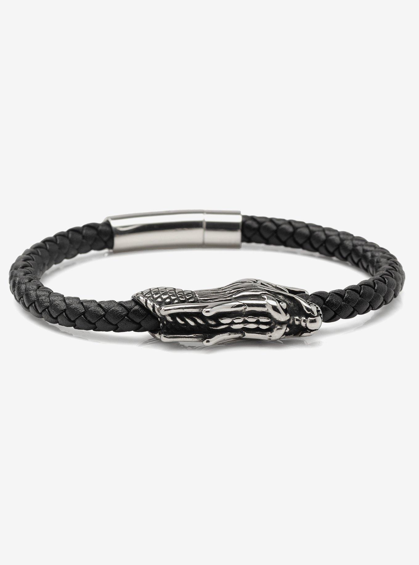 Dragon Head Braided Black Leather Bracelet with Magnetic Closure, , alternate