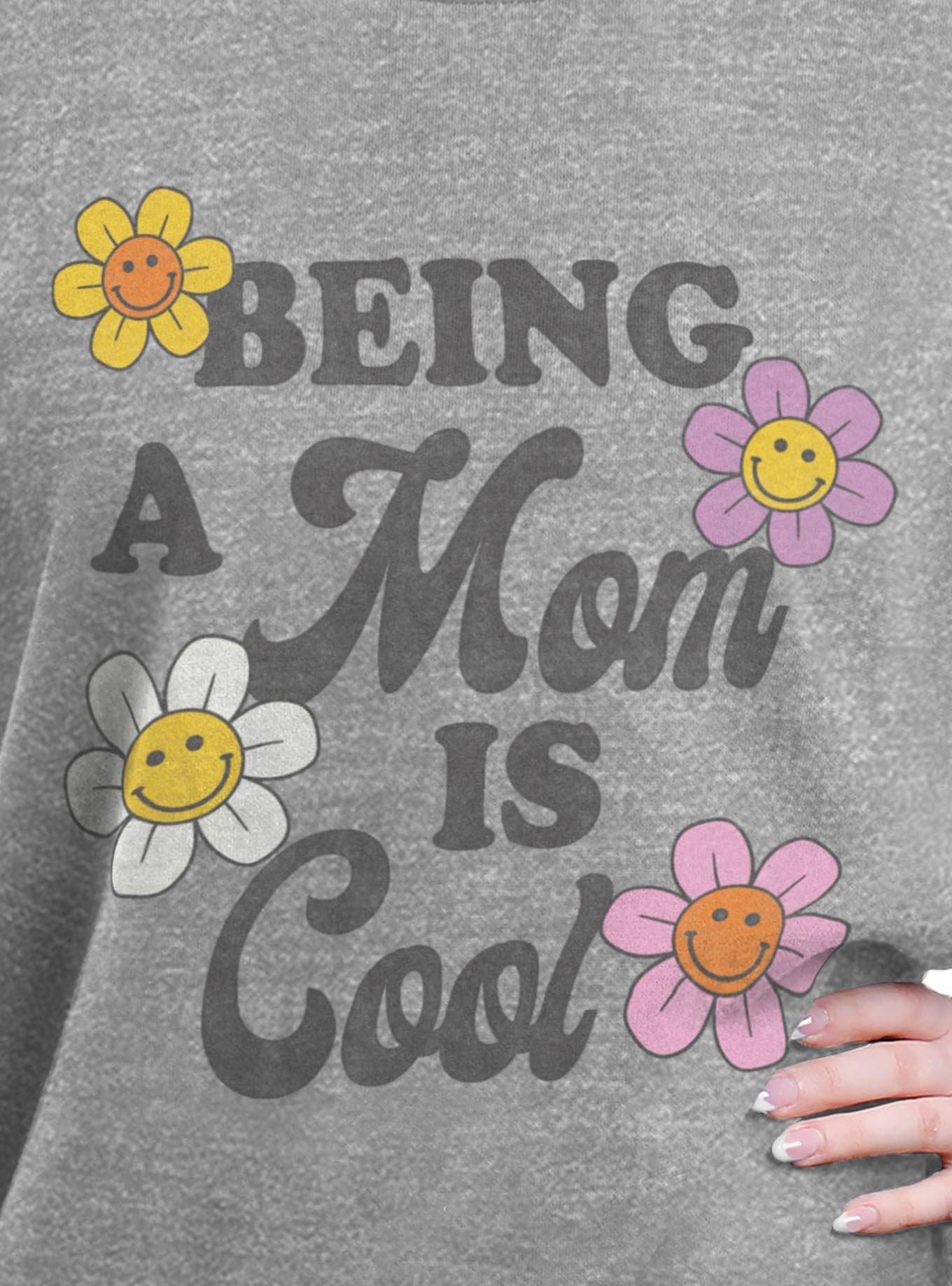 Being A Mom Is Cool Smiley Flowers Girls Oversized Sweatshirt, HEATHER GR, alternate
