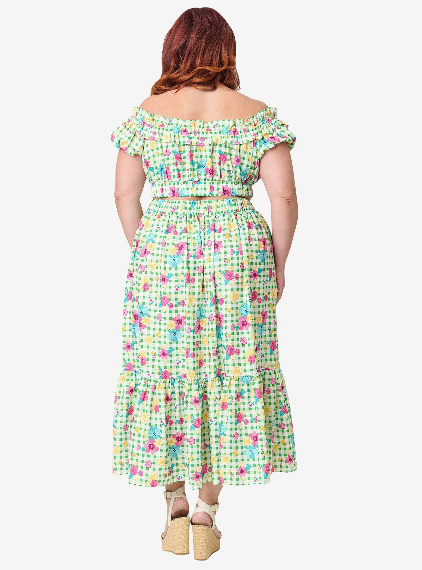 Disney Princess Collection by Unique Vintage Plus Size Green Gingham Tiered Midi Skirt, , hi-res