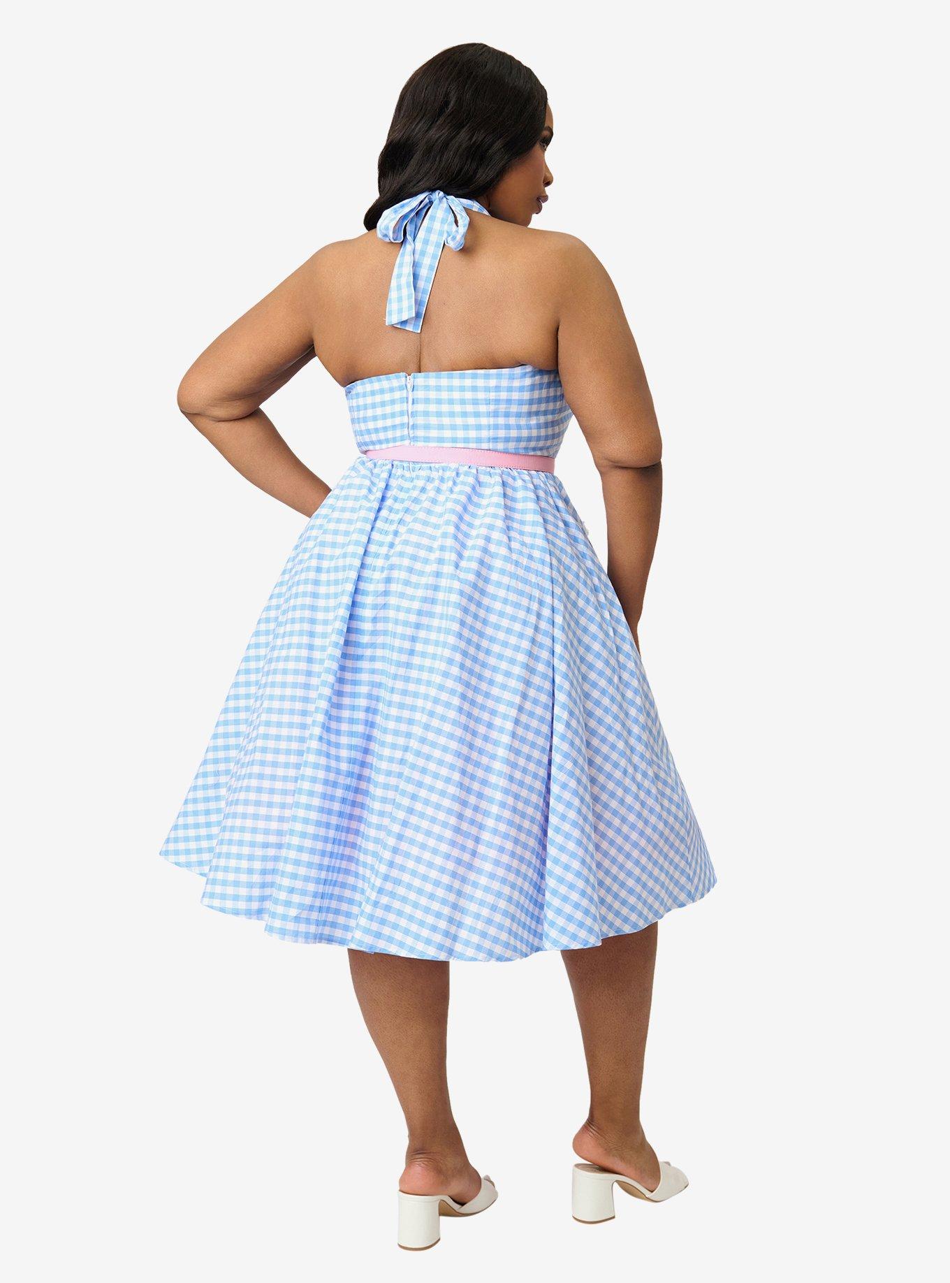 Disney Mickey & Friends Collection by Unique Vintage Plus Size Blue Gingham Cotton Halter Swing Dress, , hi-res