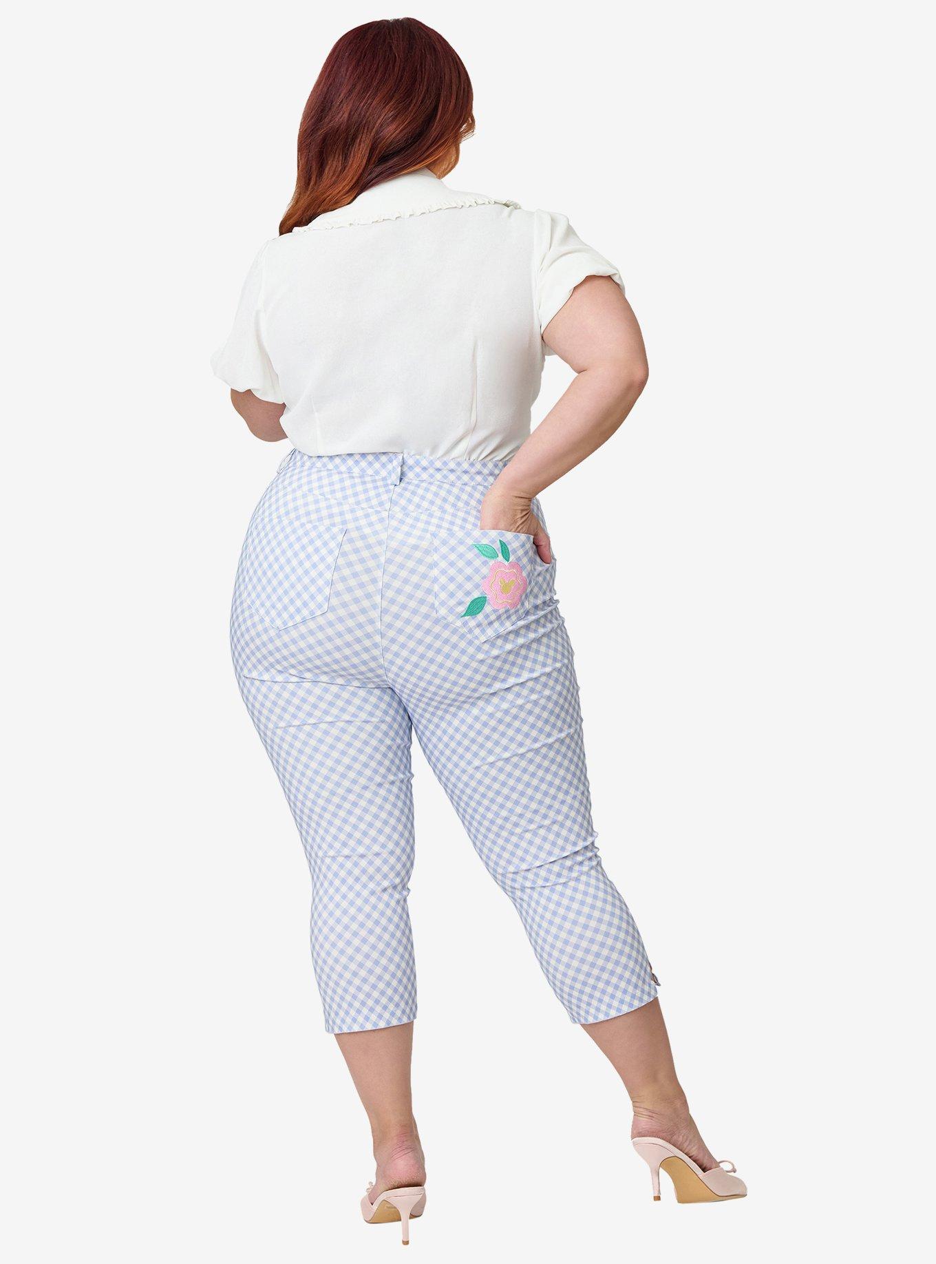 Disney Mickey & Friends Collection by Unique Vintage Plus Size Blue Gingham Rachelle Capri Pants, , hi-res