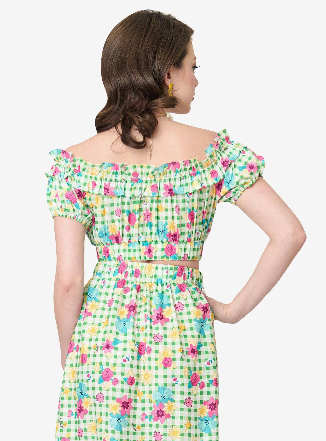 Disney Princess Collection by Unique Vintage Green Gingham Princess Floral Ruffle Up Crop Top, , hi-res