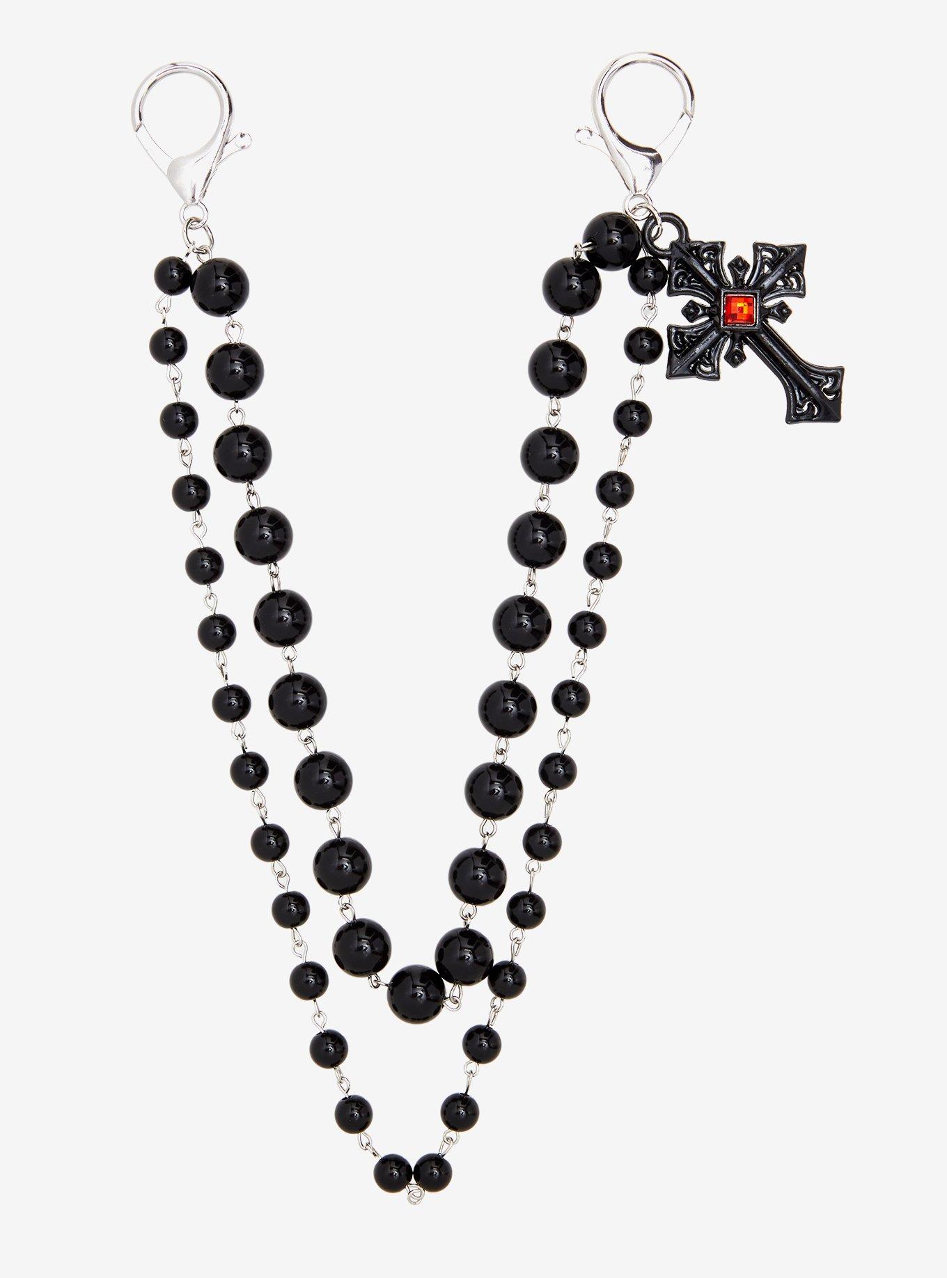 Black Bead Cross 13 Inch & 15 Inch Double Wallet Chain, , hi-res