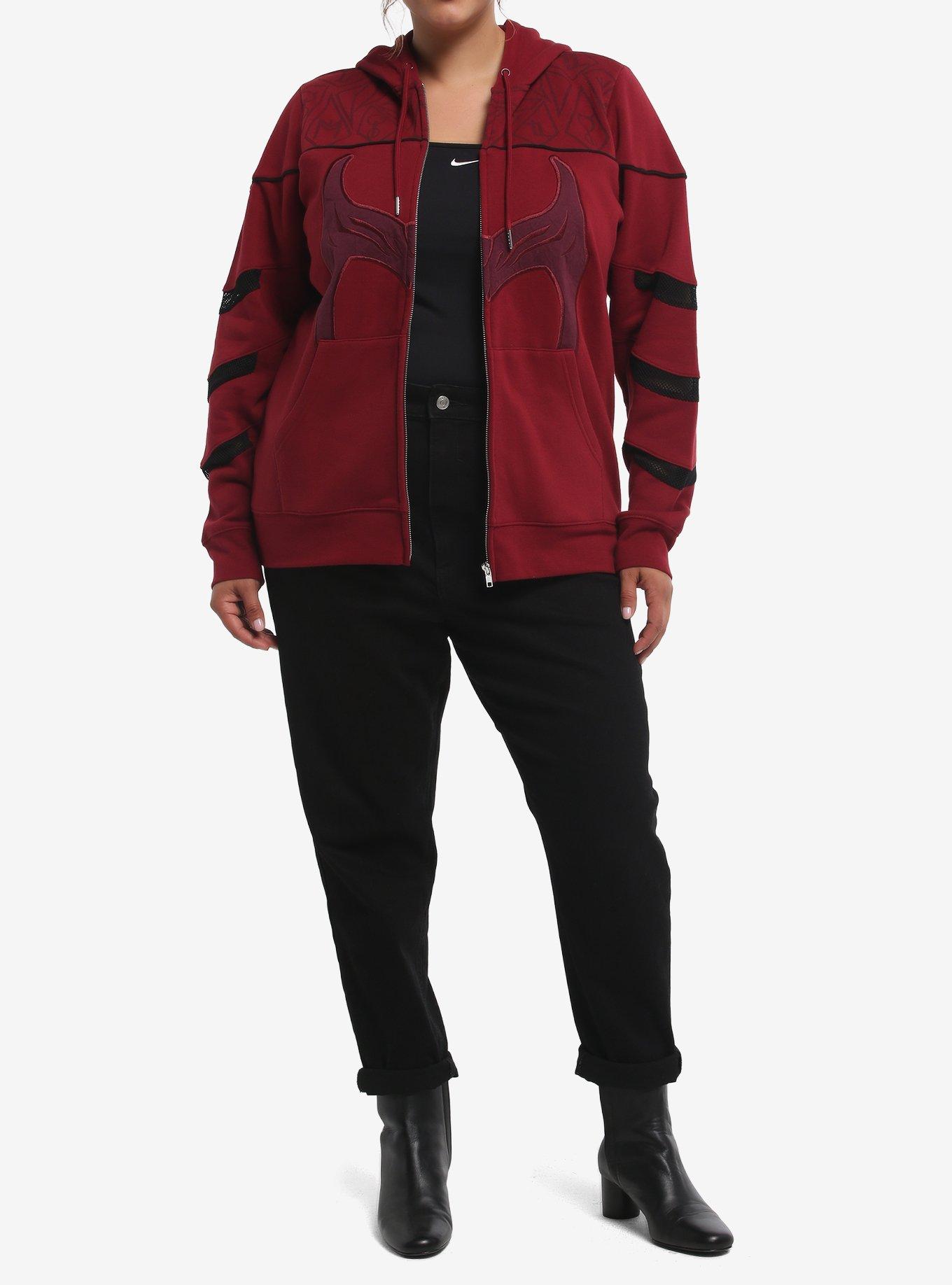 Marvel Scarlet Witch Crown Mesh Sleeve Plus Size Zippered Hoodie Her Universe Exclusive, BURGUNDY, alternate - view 3