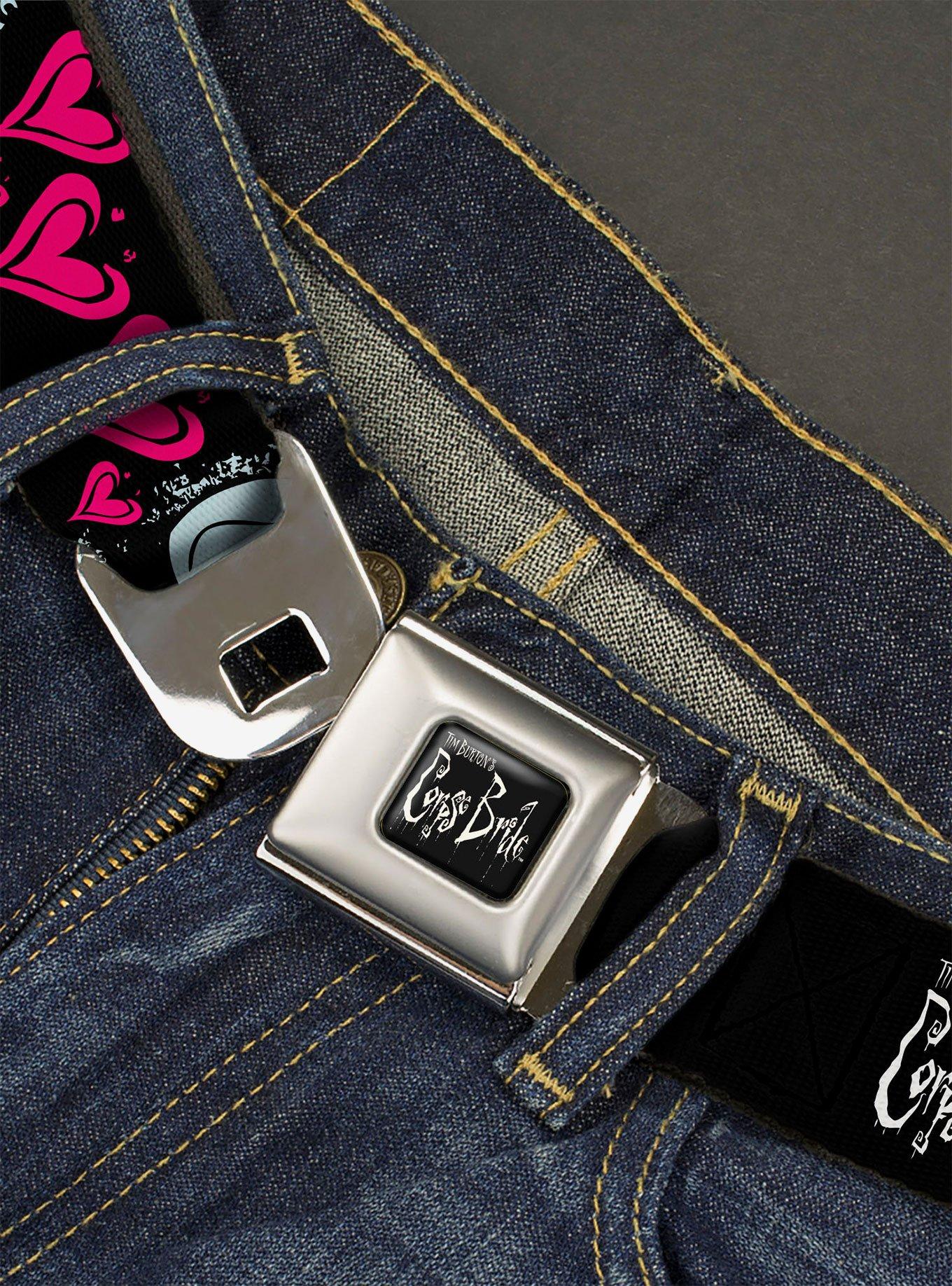 Corpse Bride Emily Hearts and Skull Black White Pink Seatbelt Buckle Belt, , hi-res
