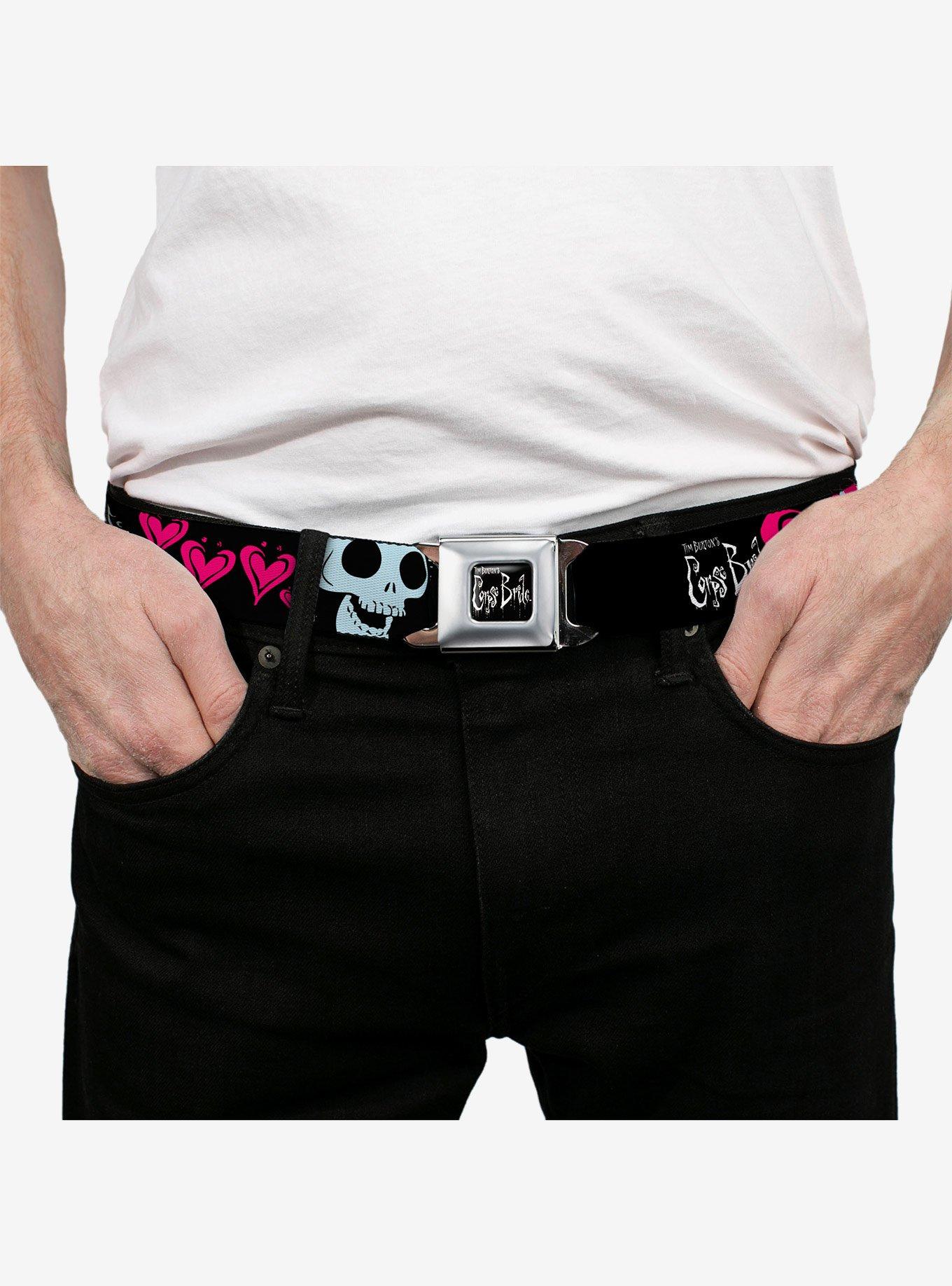 Corpse Bride Emily Hearts and Skull Black White Pink Seatbelt Buckle Belt, MULTI, alternate - view 3