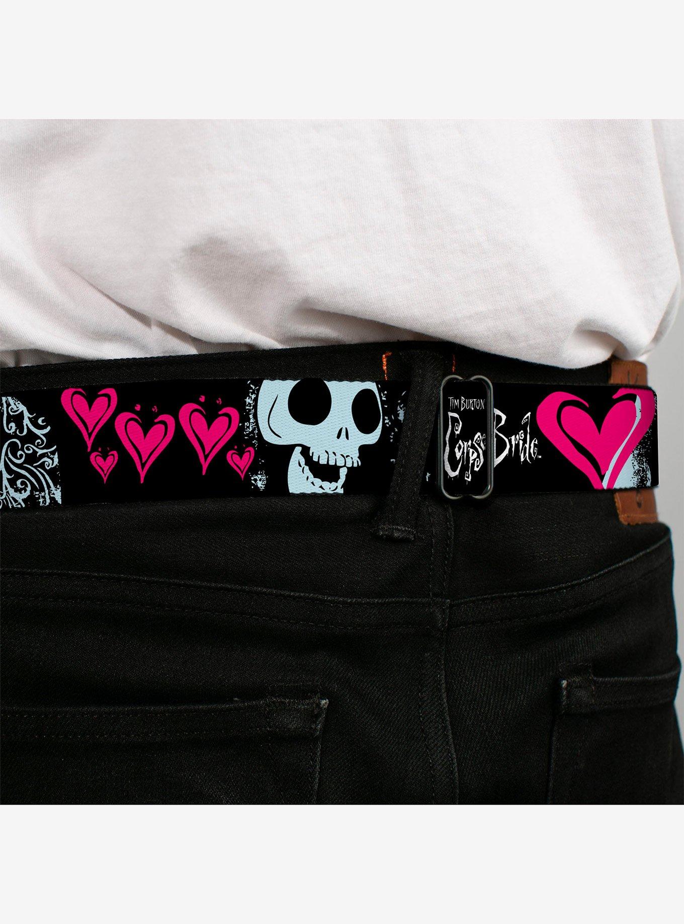 Corpse Bride Emily Hearts and Skull Black White Pink Seatbelt Buckle Belt, MULTI, alternate - view 4
