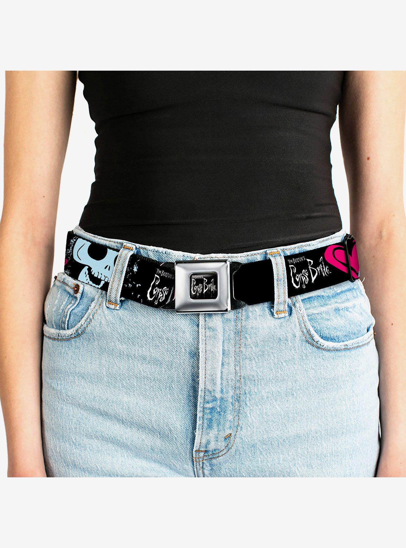 Corpse Bride Emily Hearts and Skull Black White Pink Seatbelt Buckle Belt, MULTI, alternate - view 5