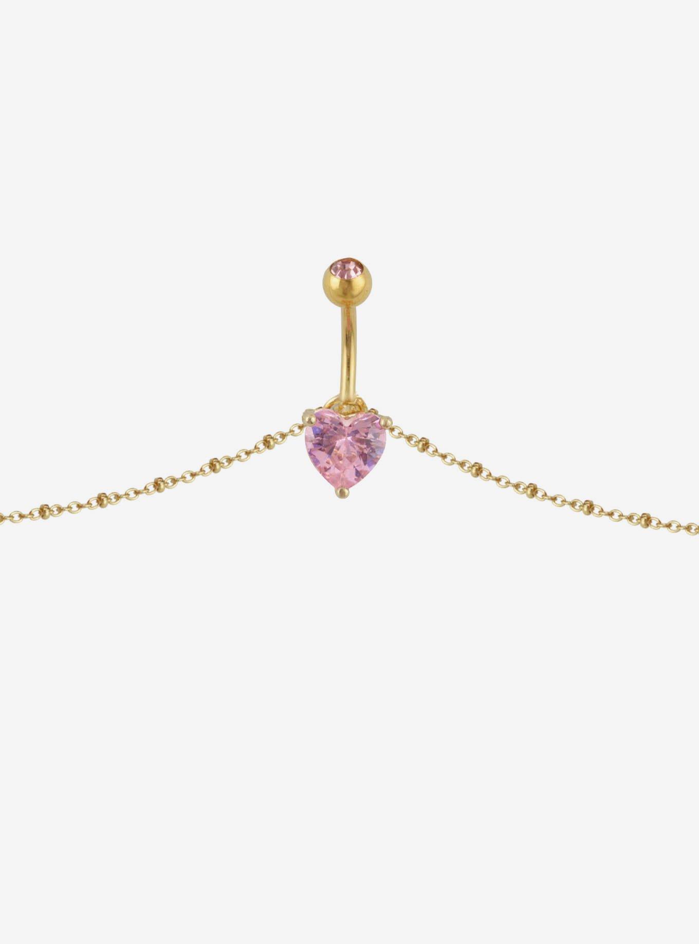 Steel Gold Pink Heart Navel Barbell With Chain, , hi-res