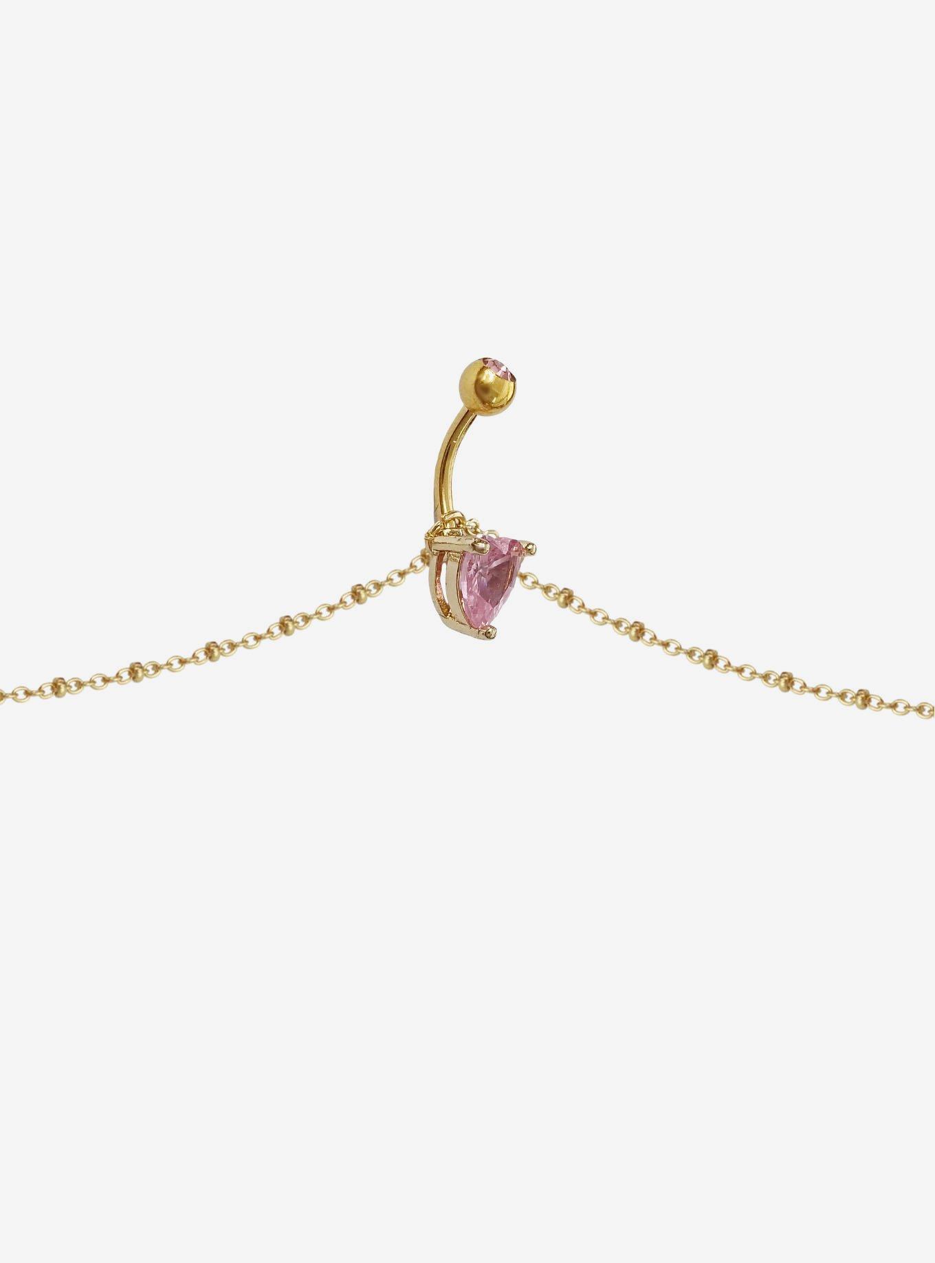 Steel Gold Pink Heart Navel Barbell With Chain, , alternate - view 3