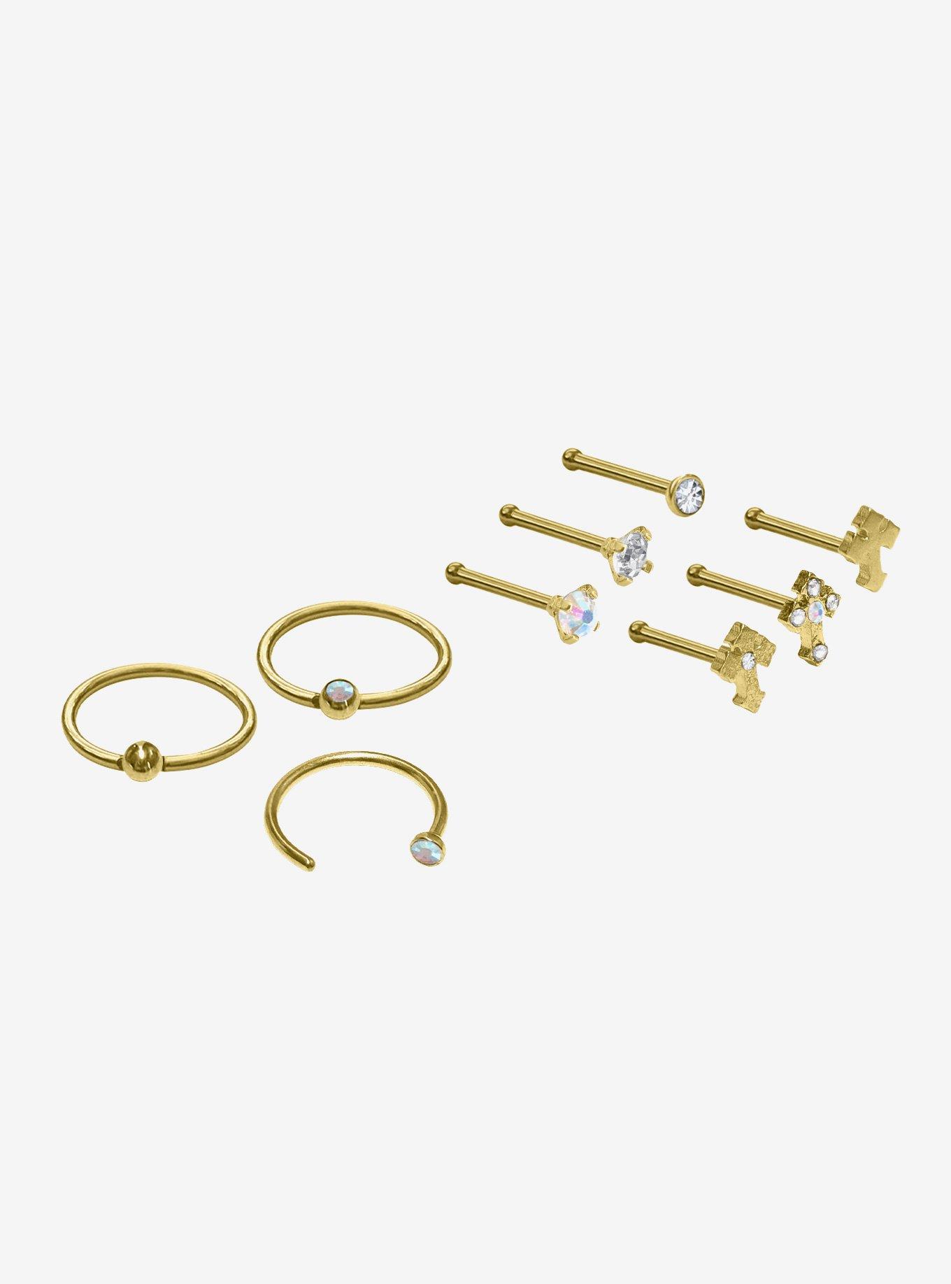 Steel Gold Cross Nose Stud & Hoop 9 Pack, , hi-res