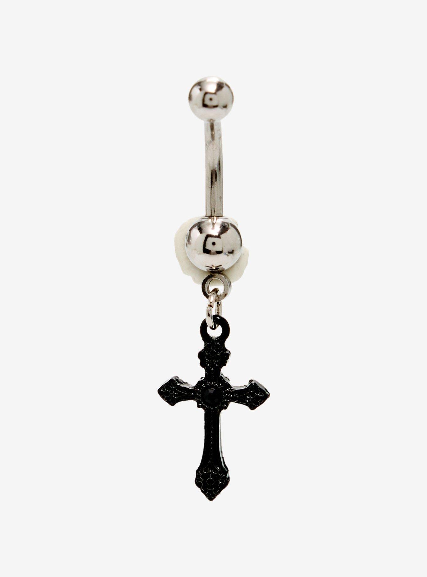 14G Steel Black Cross Navel Barbell, , hi-res