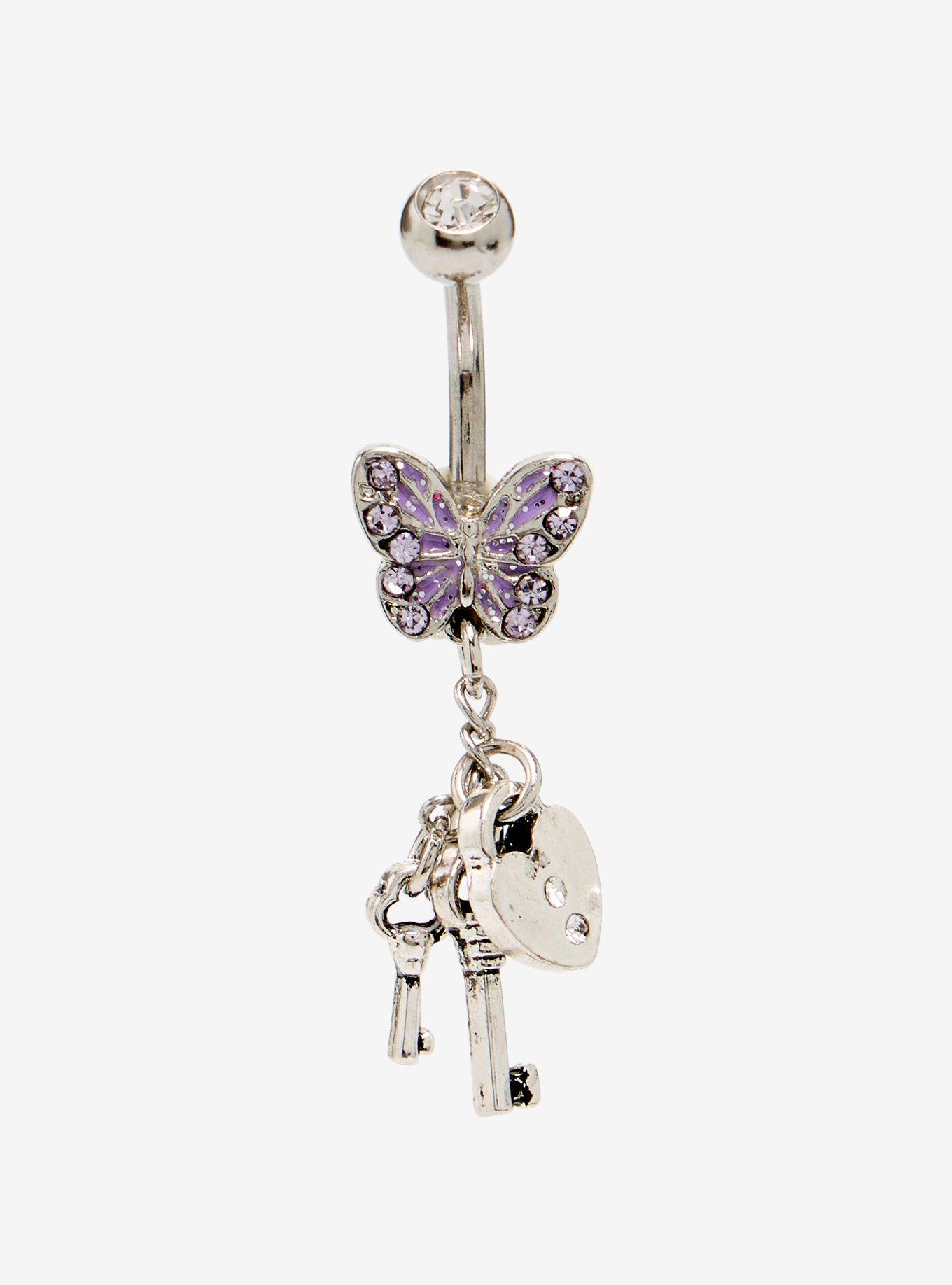 14G Steel Butterfly Lock Key Navel Barbell, , hi-res