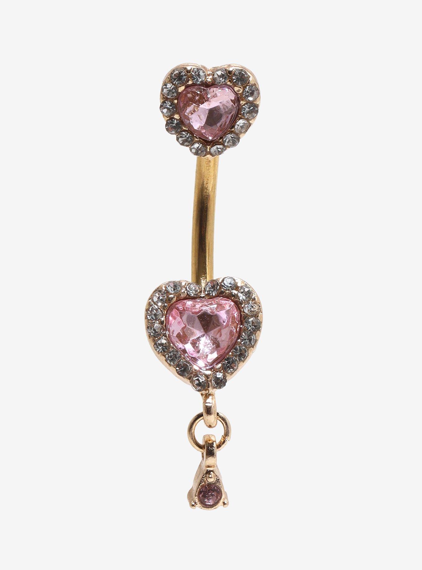 14G Steel Pink Heart Navel Barbell, , hi-res