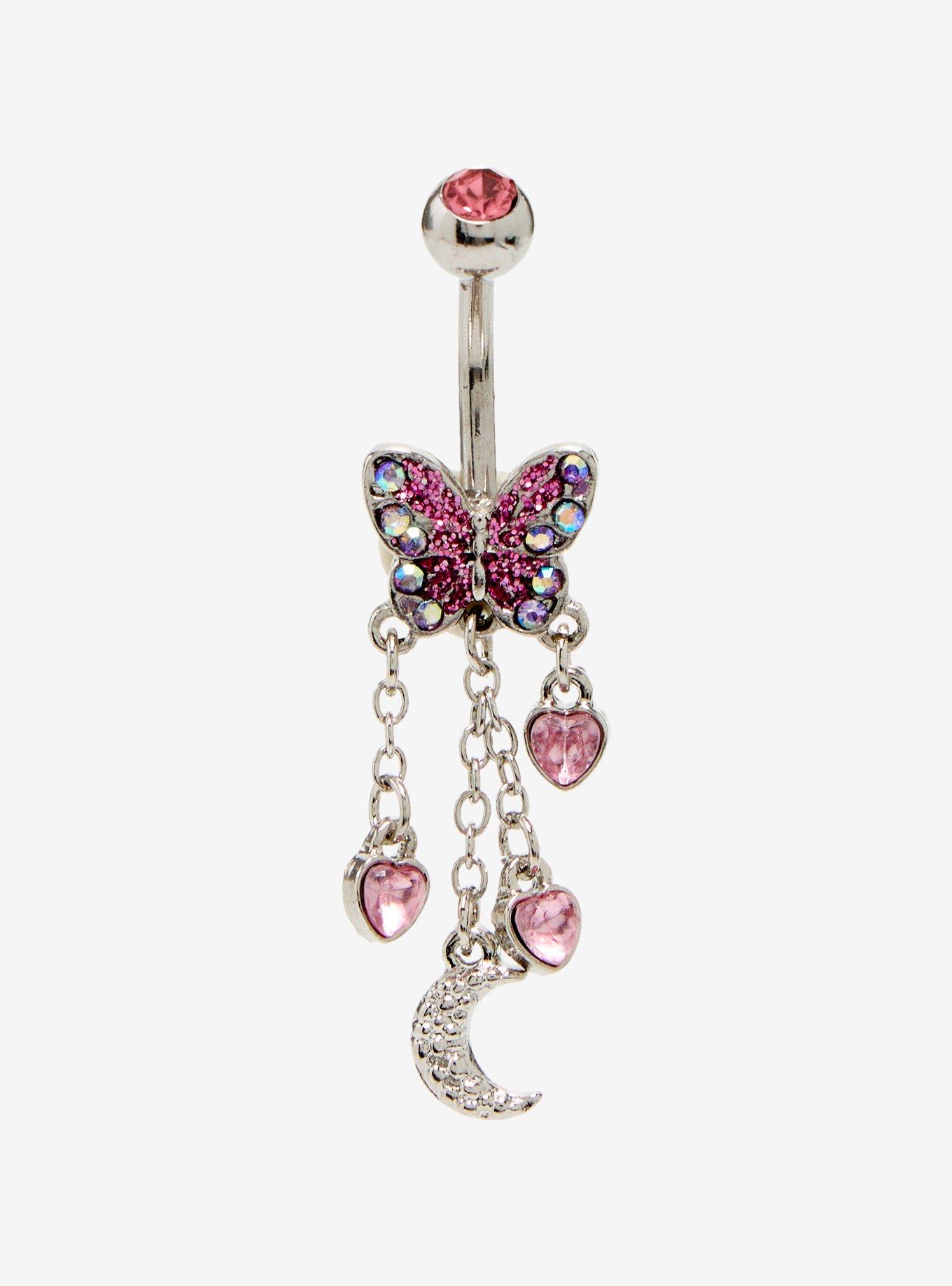 14G Steel Pink Bling Butterfly Navel Barbell, , hi-res