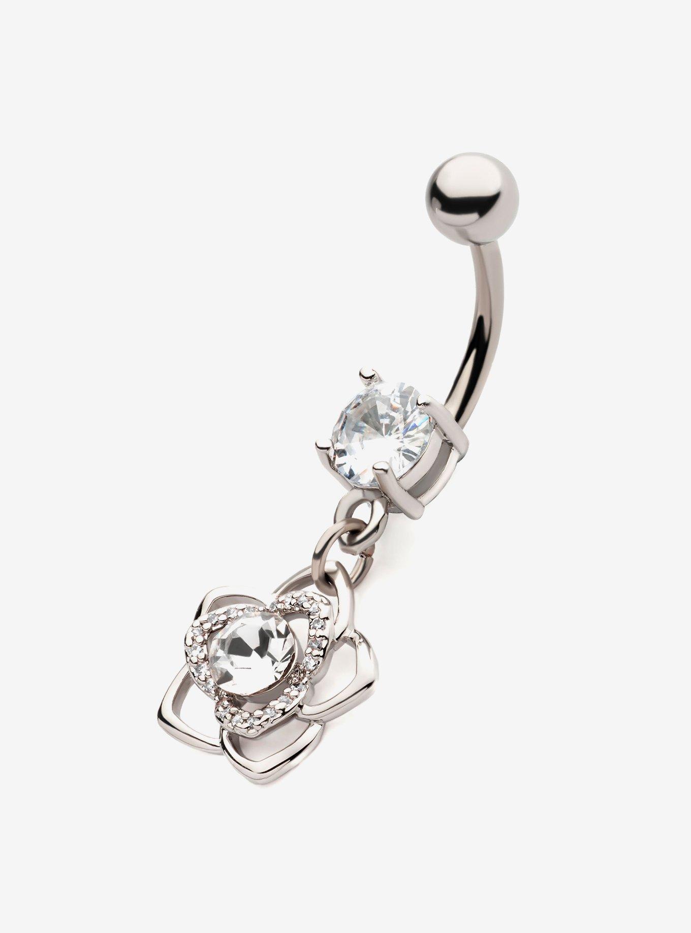 Steel Silver Bling Flower Navel Barbell, , hi-res