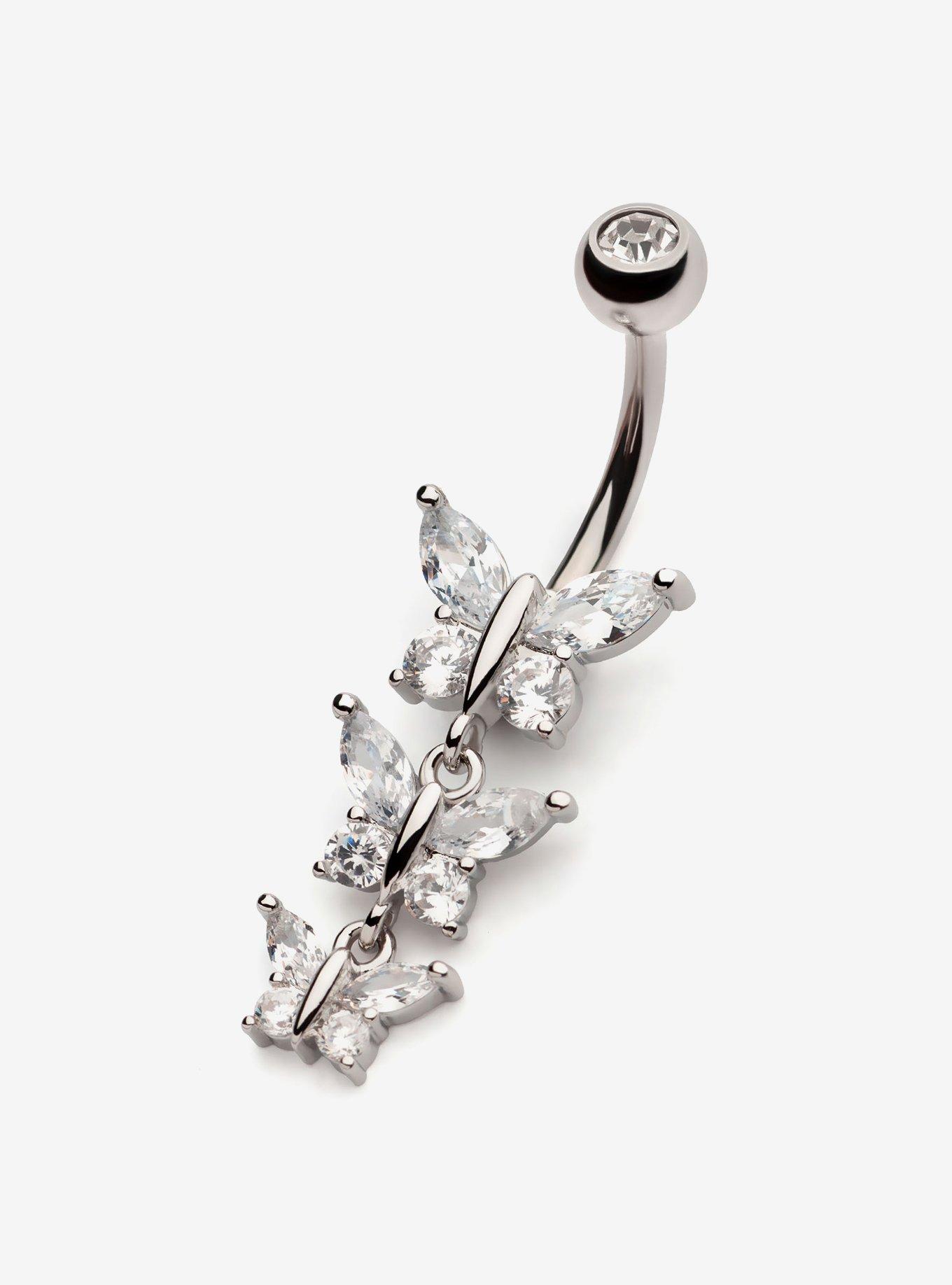 Steel Bling Butterfly Trio Navel Barbell, , hi-res