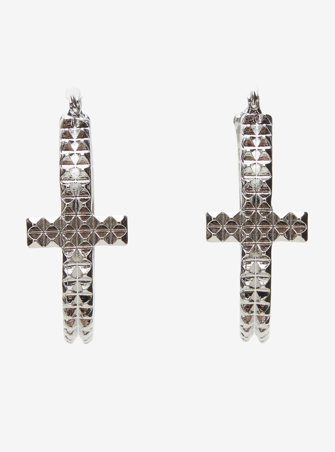Social Collision Pyramid Stud Cross Hoop Earrings, , alternate - view 3