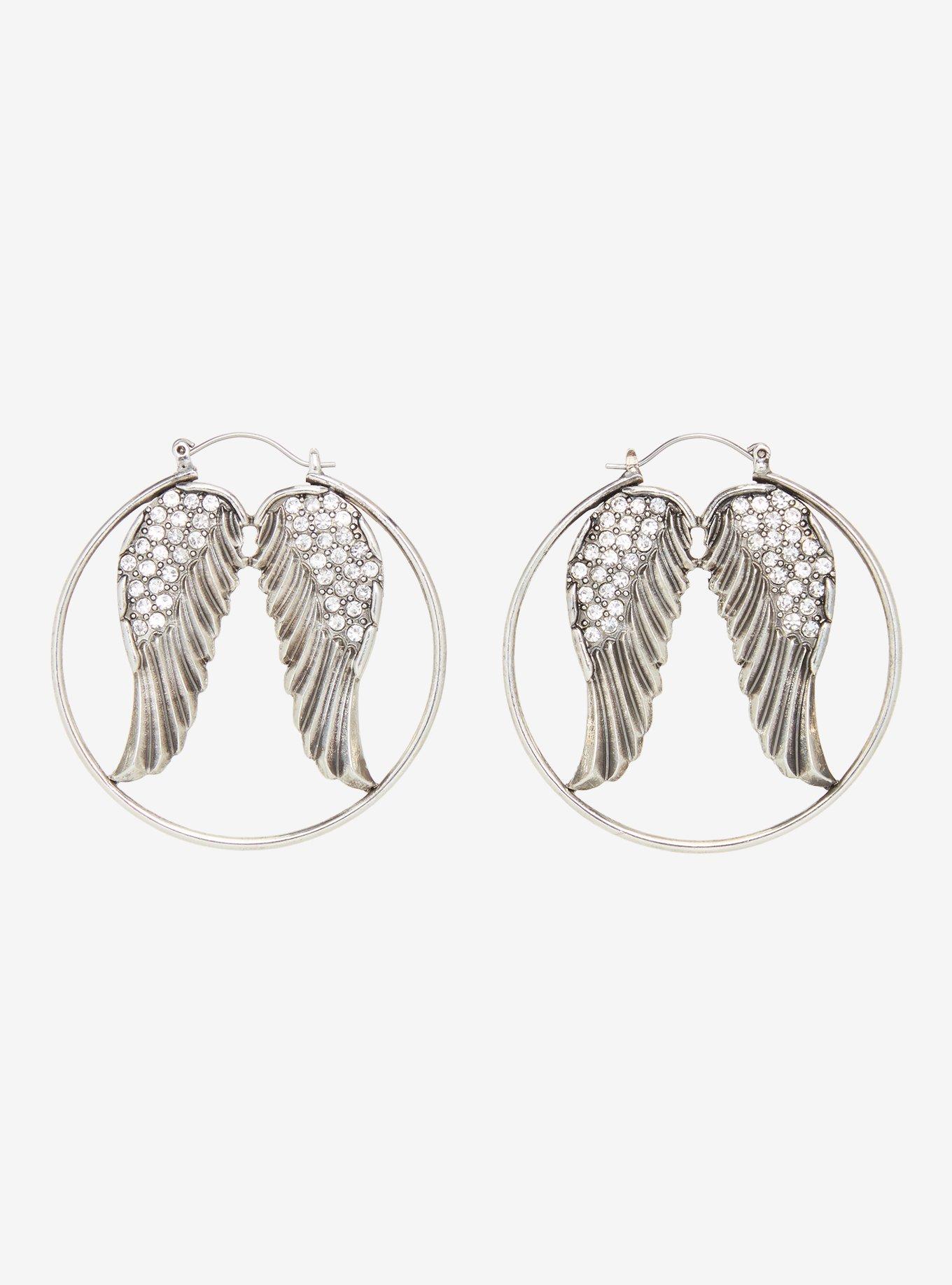 Social Collision Angel Wing Rhinestone Hoop Earrings, , hi-res