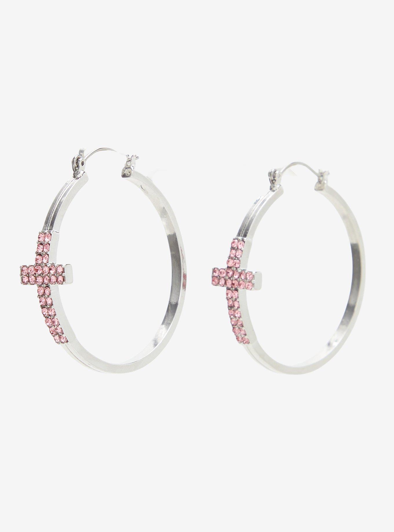 Social Collision Pink Cross Rhinestone Hoop Earrings, , alternate - view 3