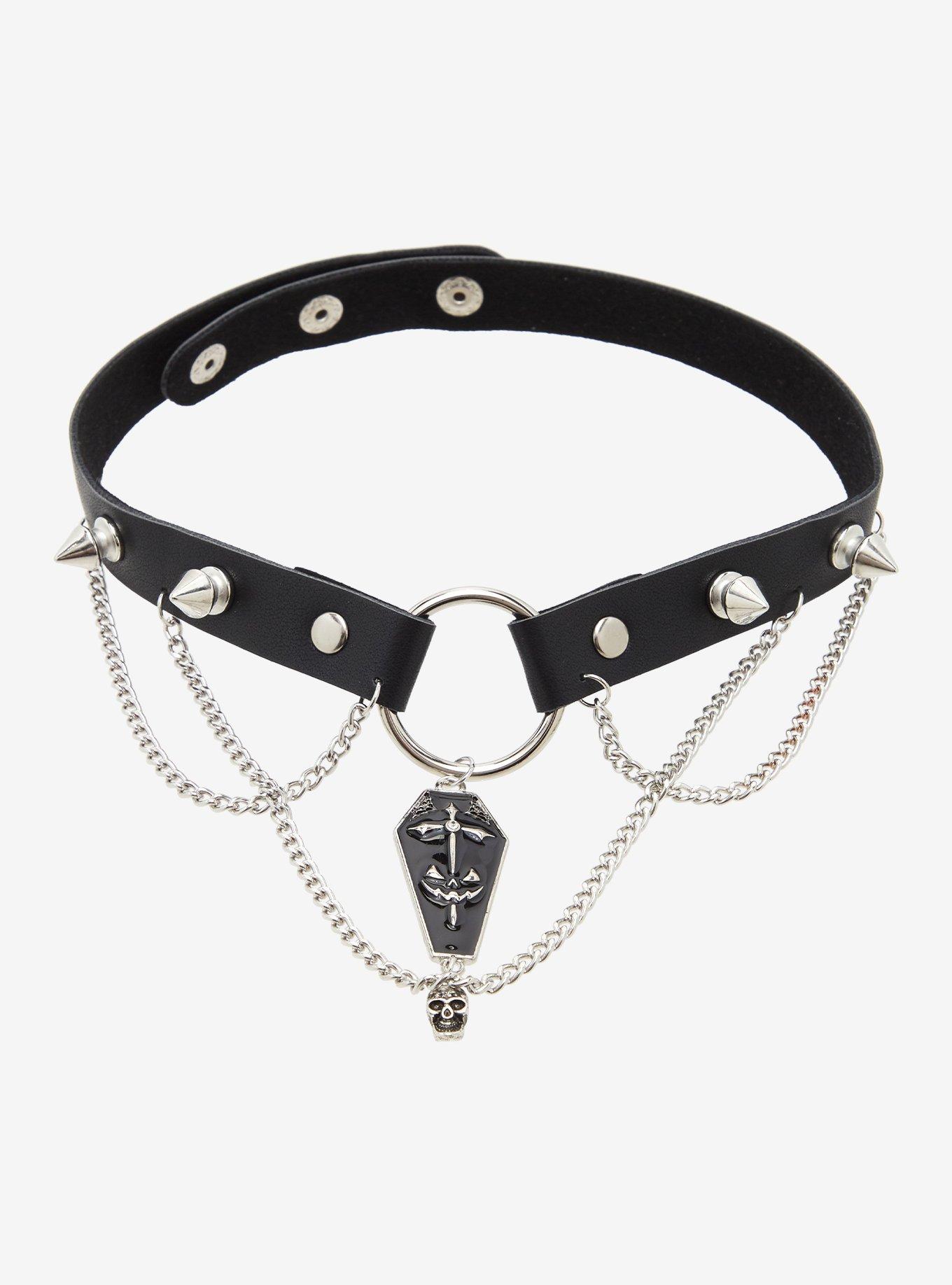 Pumpkin Coffin Chain Faux Leather Choker, , hi-res
