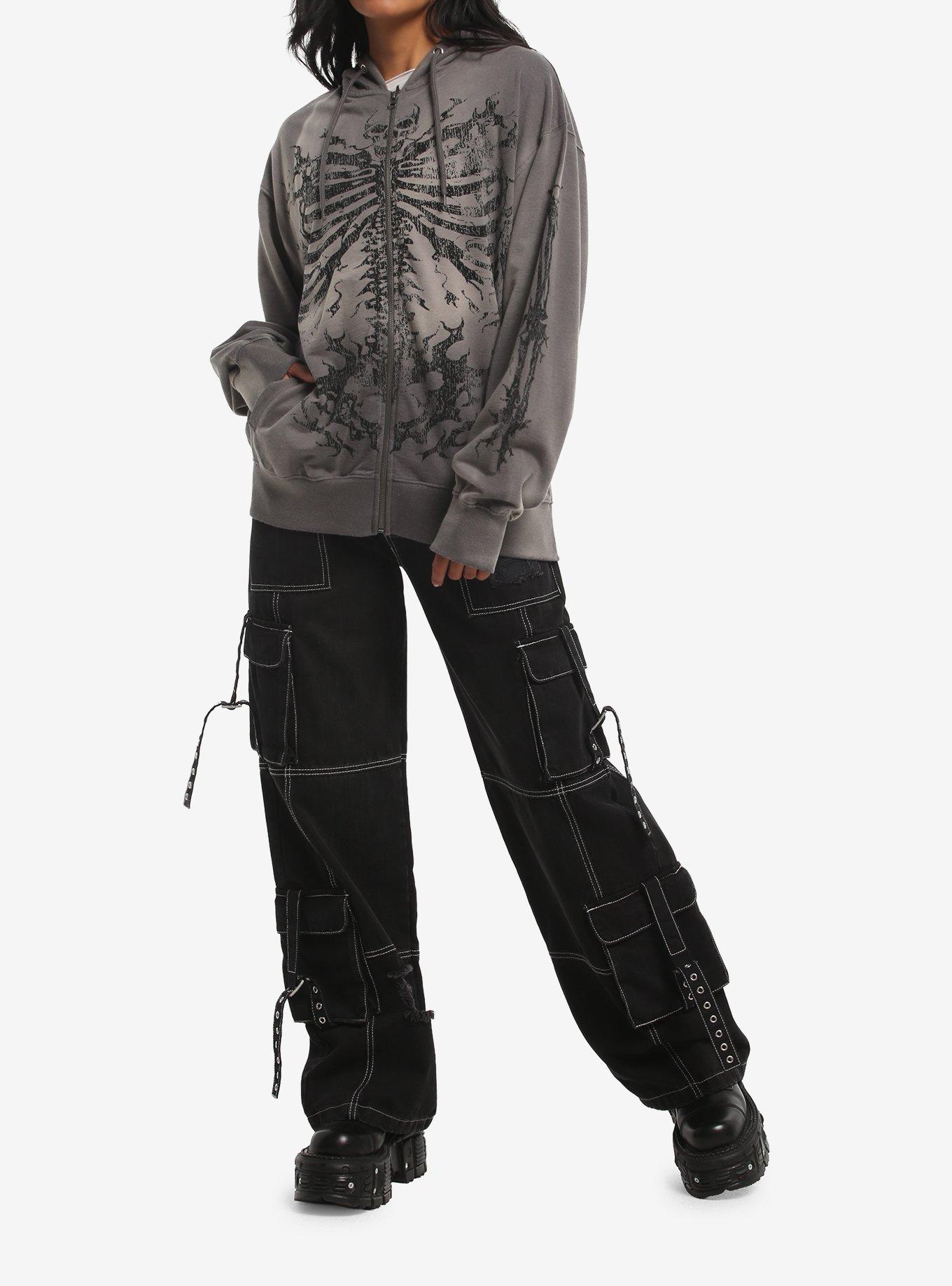 Grey Wash Skeletal Flame Rib Cage Girls Hoodie, GREY, alternate - view 3
