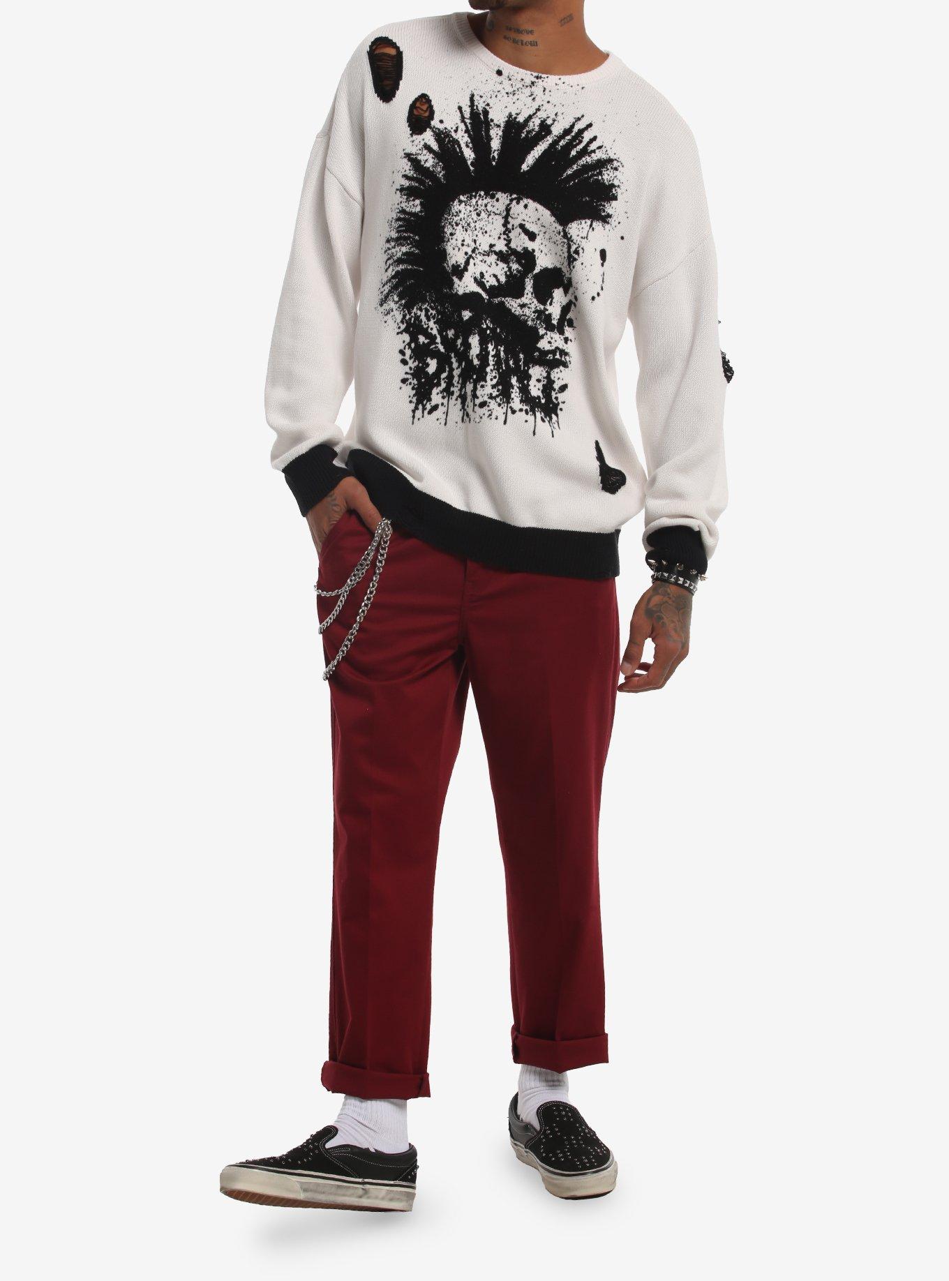 Mohawk Skull Distressed Sweater, BLACK, alternate - view 3