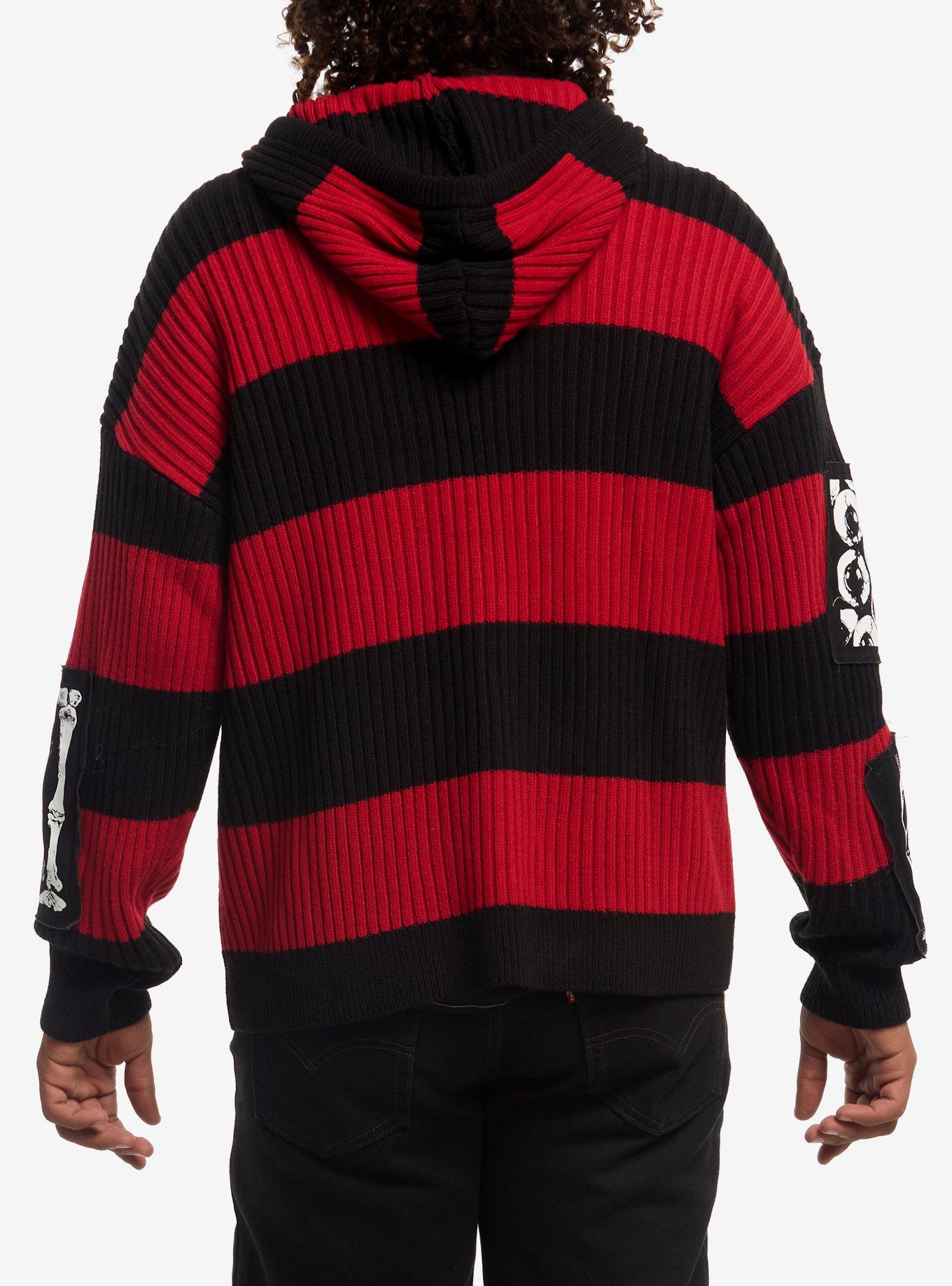 Red & Black Patch Knit Hoodie, BLACK, alternate - view 2