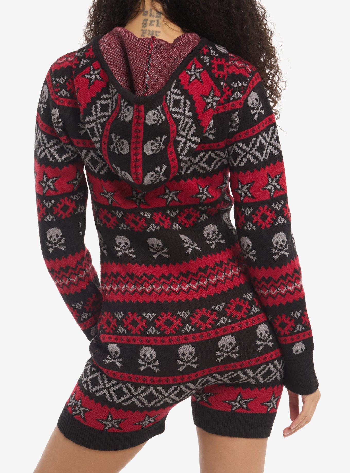 Social Collision Black & Red Skull Fair Isle Girls Hooded Romper, MULTI, alternate - view 2