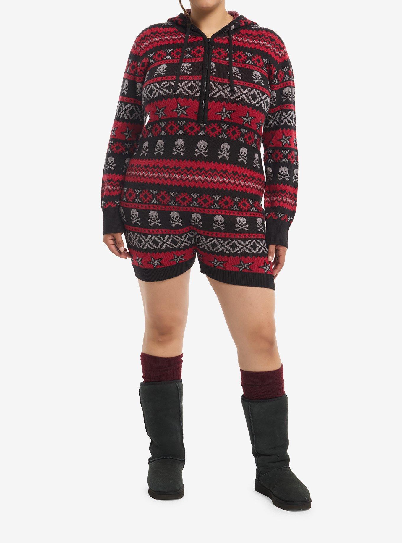 Social Collision Black & Red Skull Fair Isle Girls Hooded Romper Plus Size, MULTI, alternate - view 3