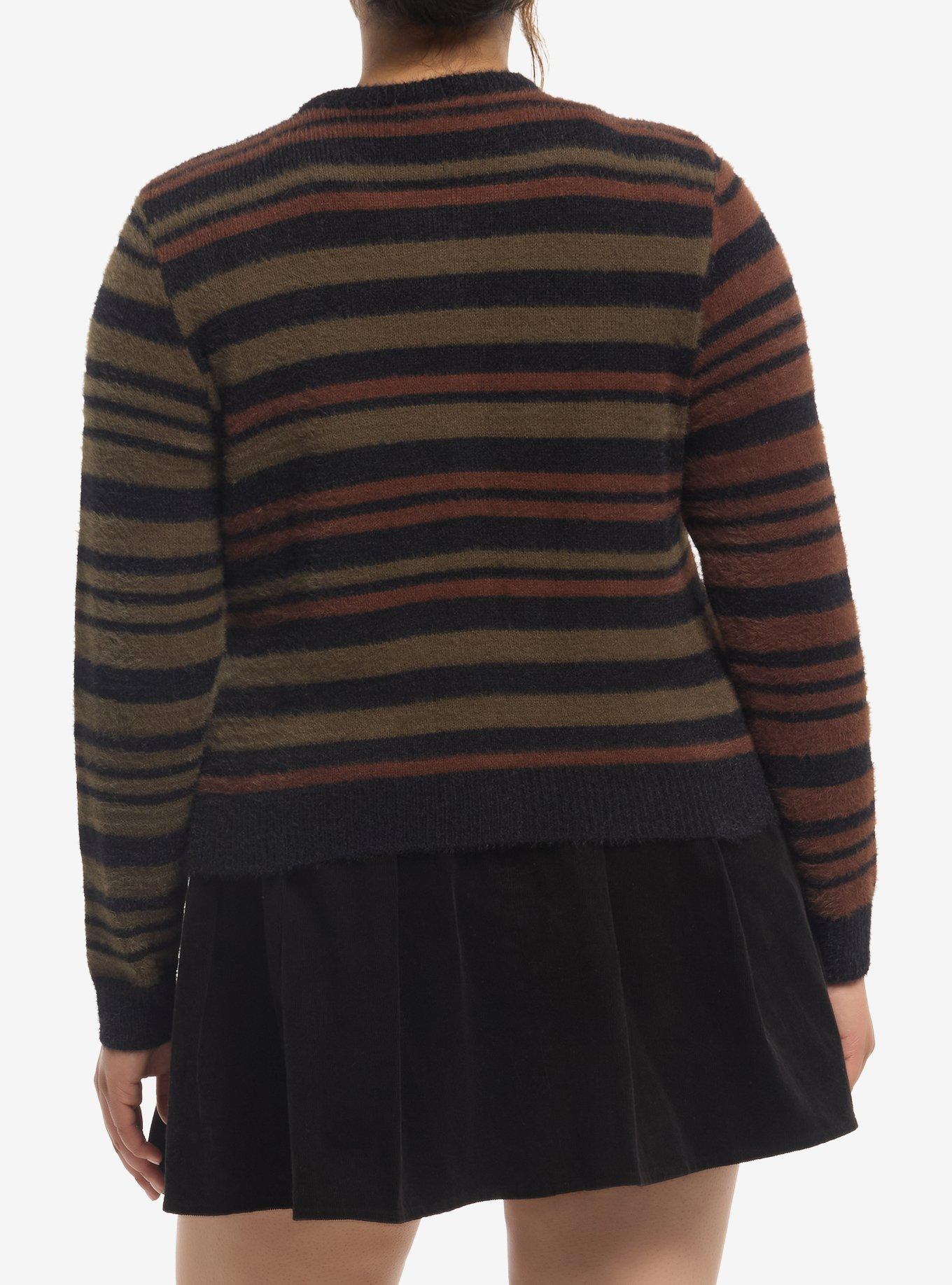 Thorn & Fable Brown & Green Stripe Girls Fuzzy Cardigan Plus Size, MULTI, alternate - view 3