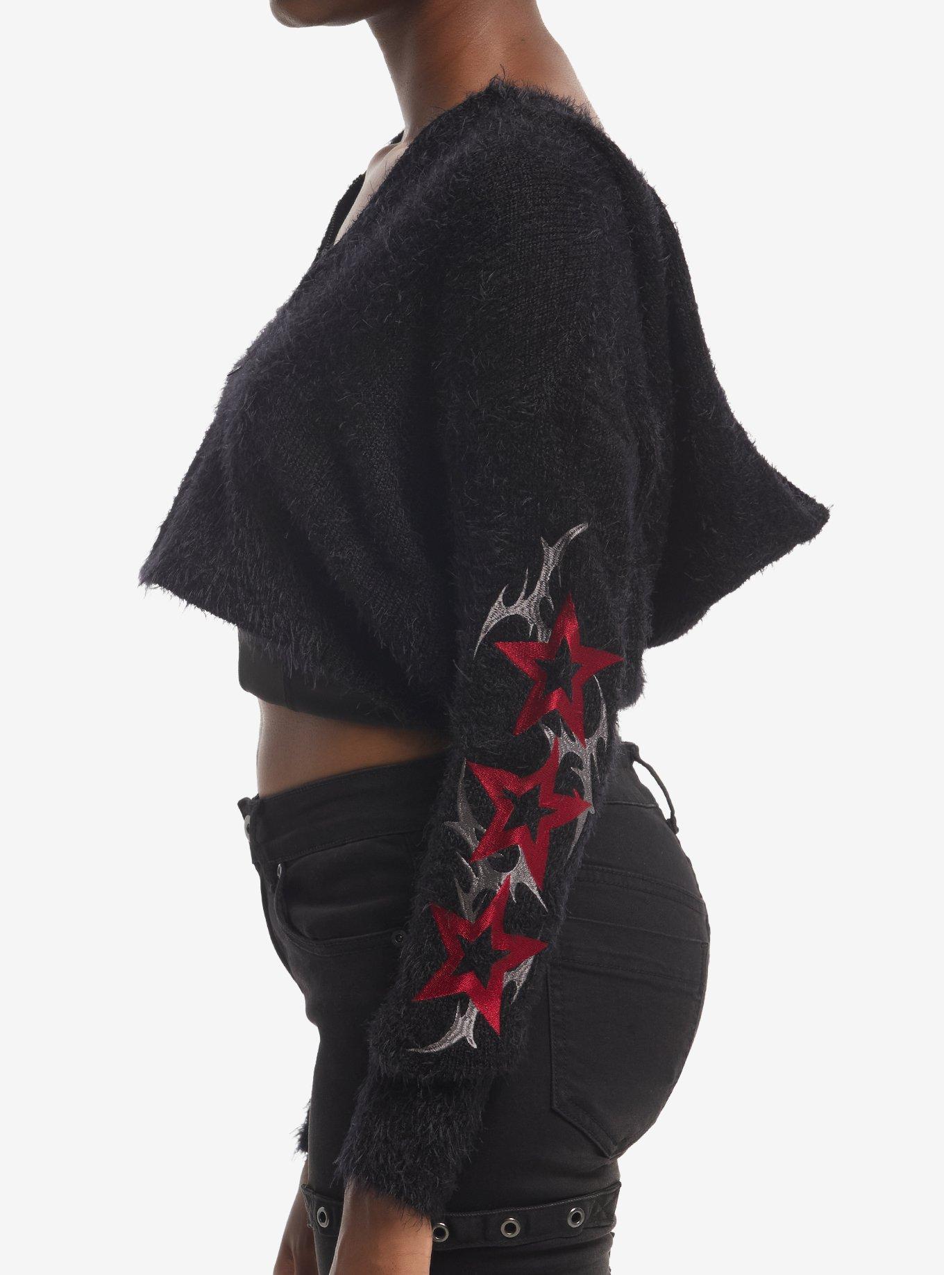 Black & Red Star Fuzzy Girls Crop Sweater, MULTI, alternate - view 3