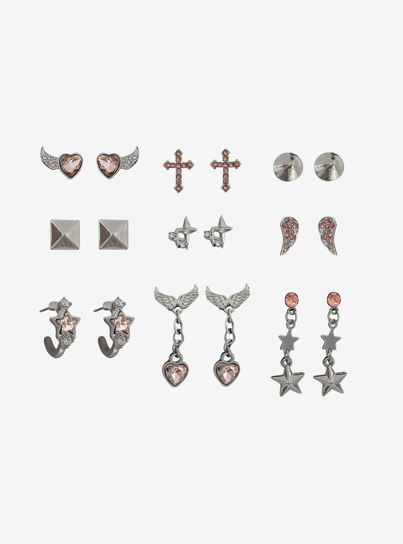 Social Collision Winged Heart Cross Earring Set, , hi-res