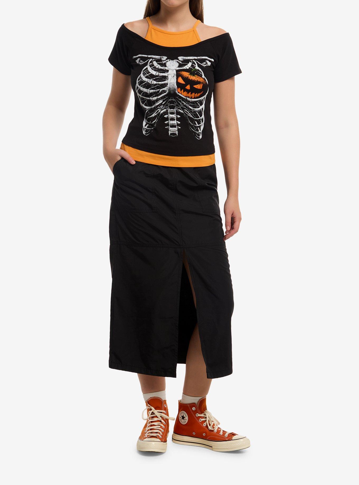 Pumpkin Rib Cage Girls Cold Shoulder Top, , hi-res