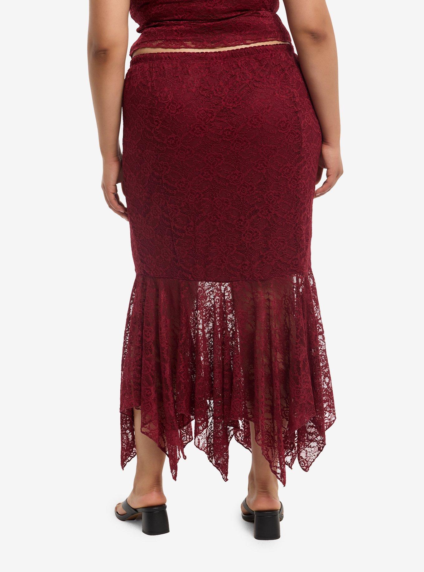 Burgundy Floral Lace Hanky Hem Maxi Skirt Plus Size, MULTI, alternate - view 2