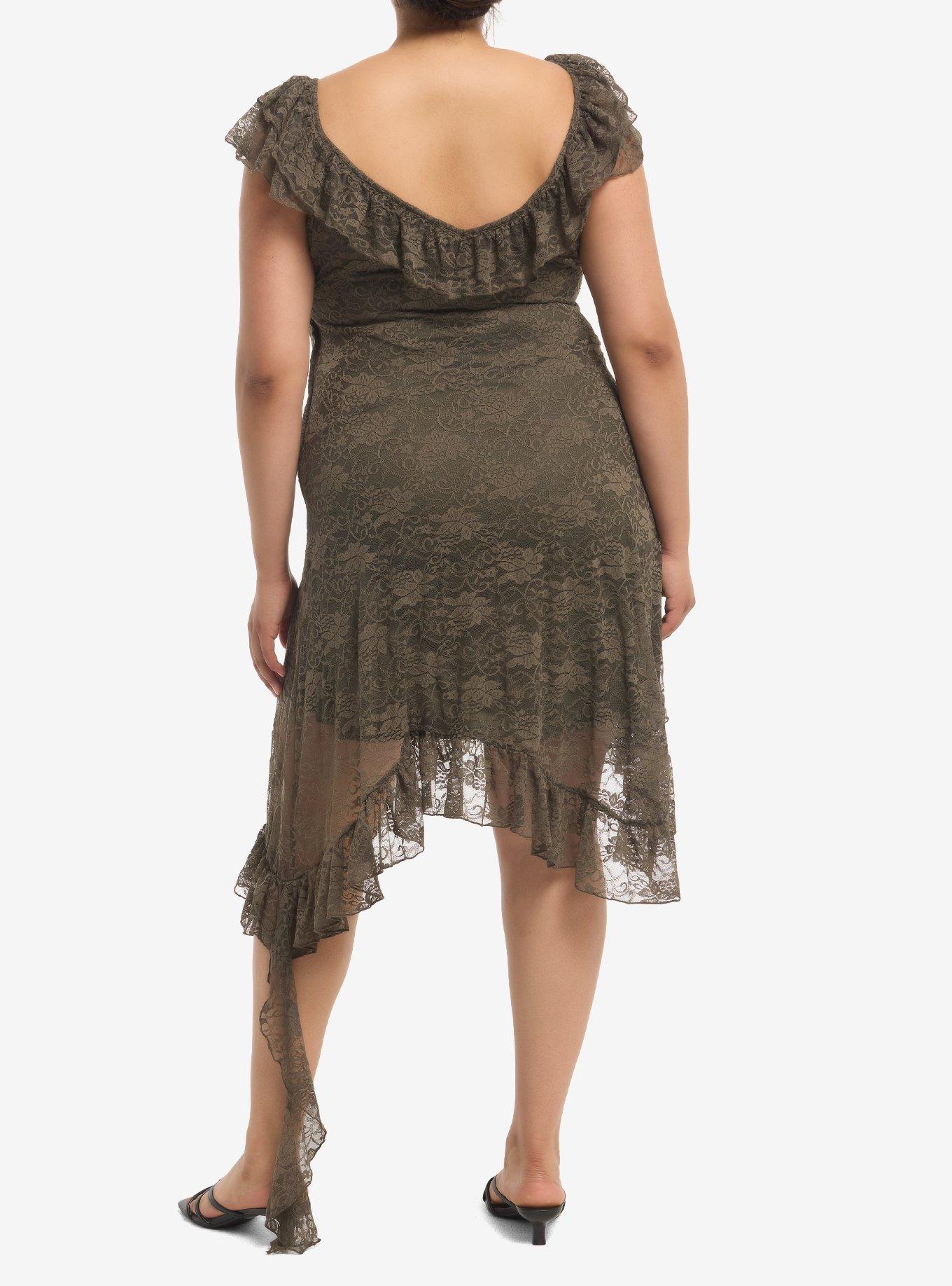 Thorn & Fable Olive Floral Lace Asymmetrical Dress Plus Size, MULTI, alternate - view 3