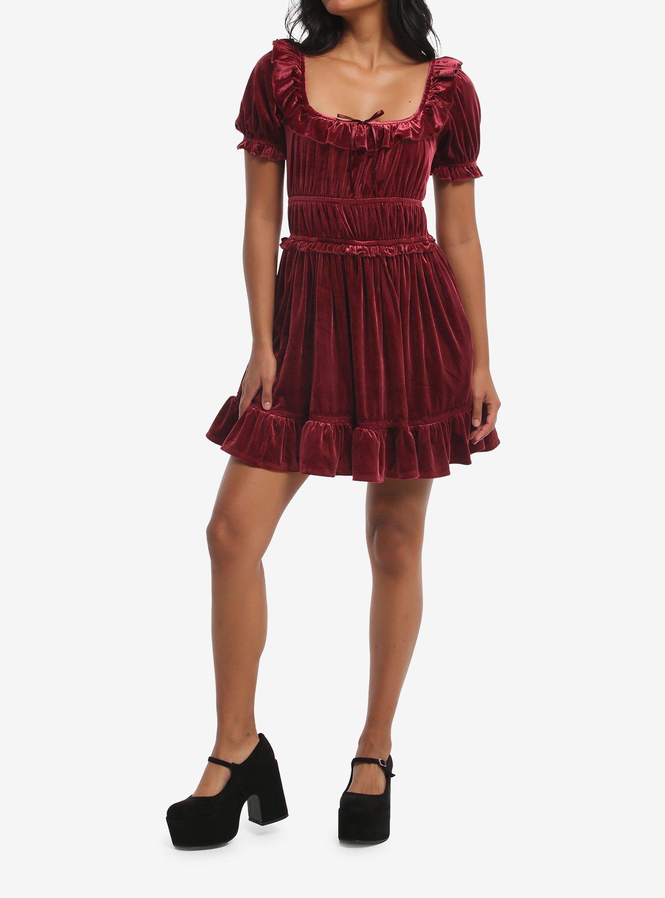Burgundy Velvet Tiered Puff Sleeve Dress, MULTI, alternate - view 2