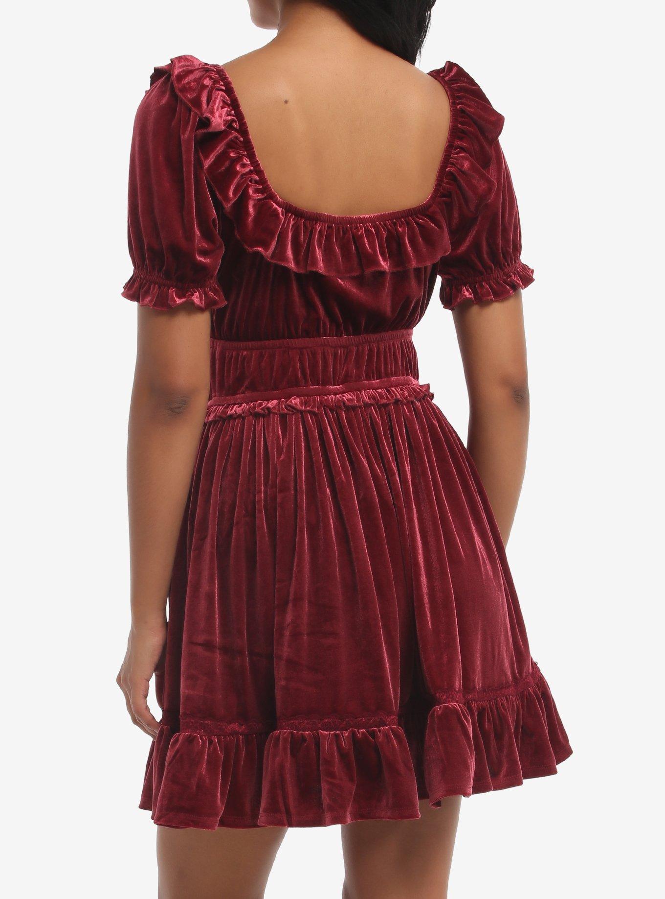 Burgundy Velvet Tiered Puff Sleeve Dress, MULTI, alternate - view 3