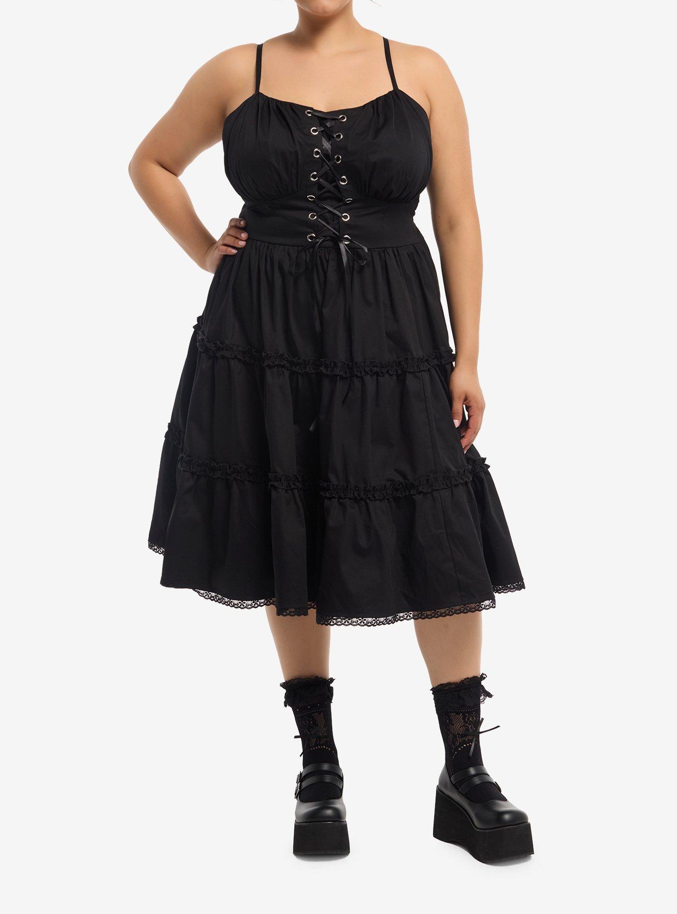 Black Lace-Up Tiered Midi Dress Plus Size, MULTI, alternate - view 2