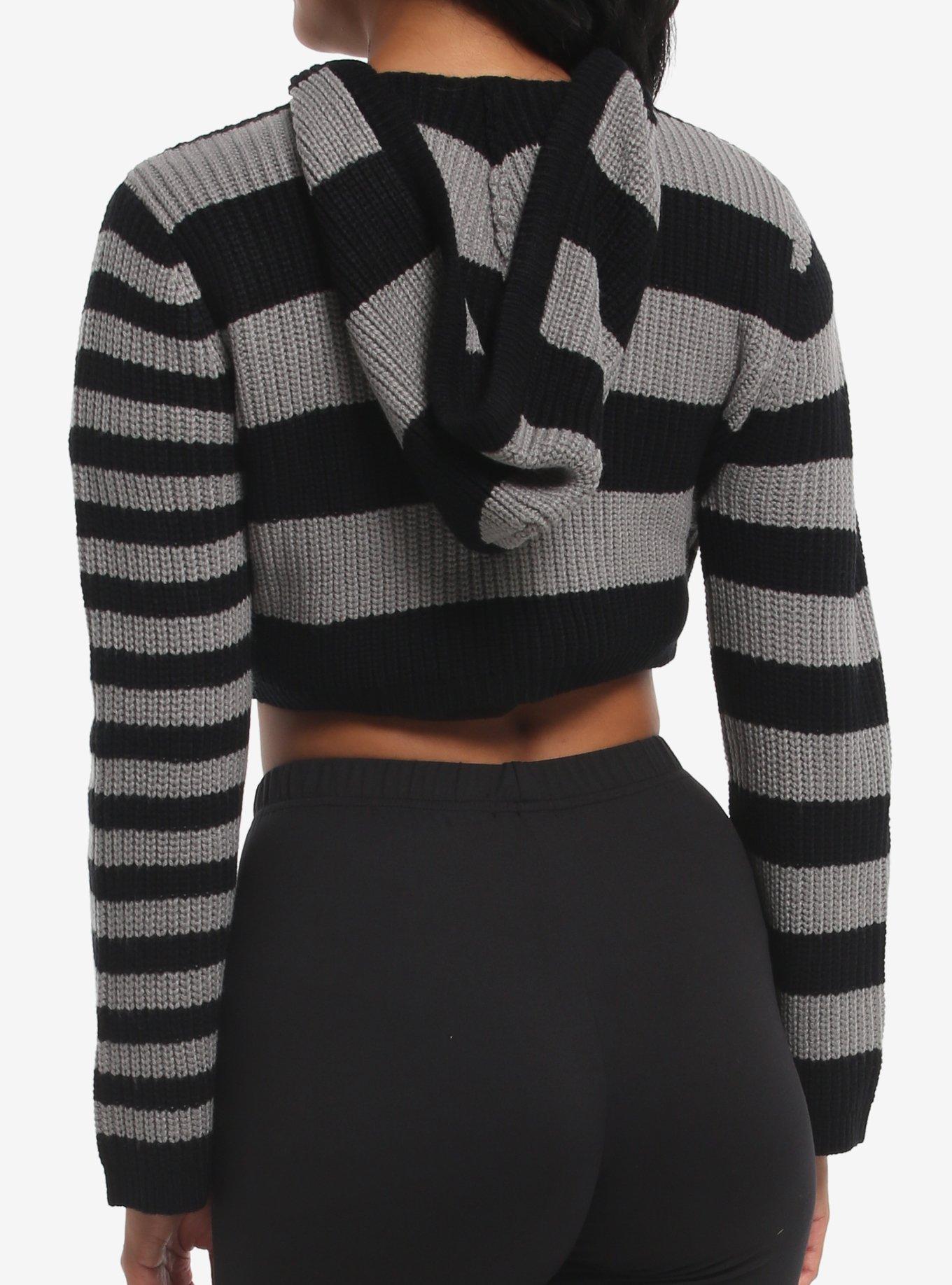 Black & Grey Stripe Knit Girls Crop Hoodie, MULTI, alternate - view 2
