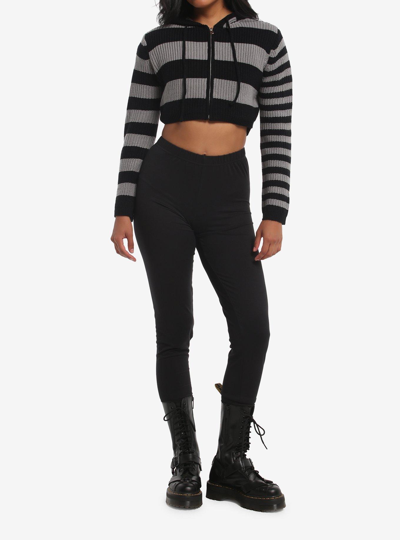 Black & Grey Stripe Knit Girls Crop Hoodie, MULTI, alternate - view 3