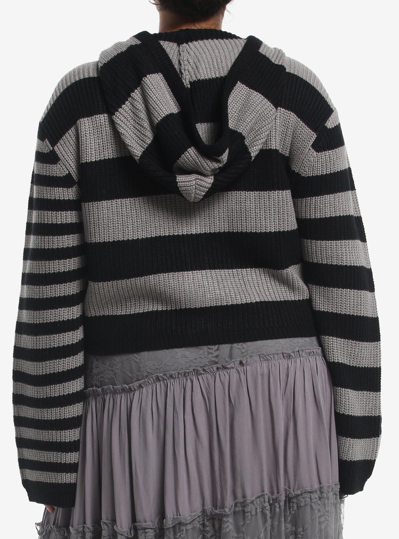 Black & Grey Stripe Knit Girls Crop Hoodie Plus Size, MULTI, alternate - view 2
