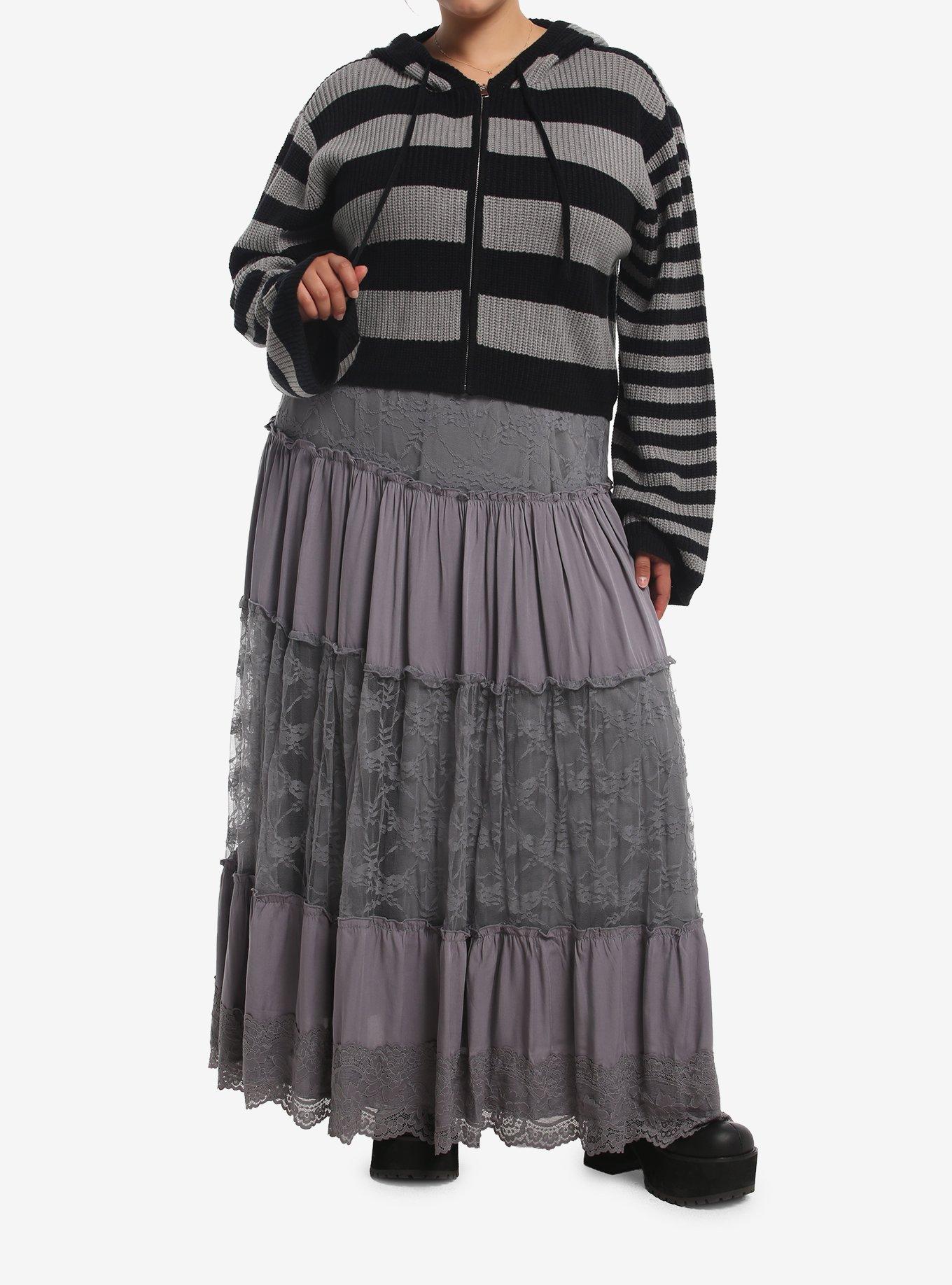 Black & Grey Stripe Knit Girls Crop Hoodie Plus Size, MULTI, alternate - view 3