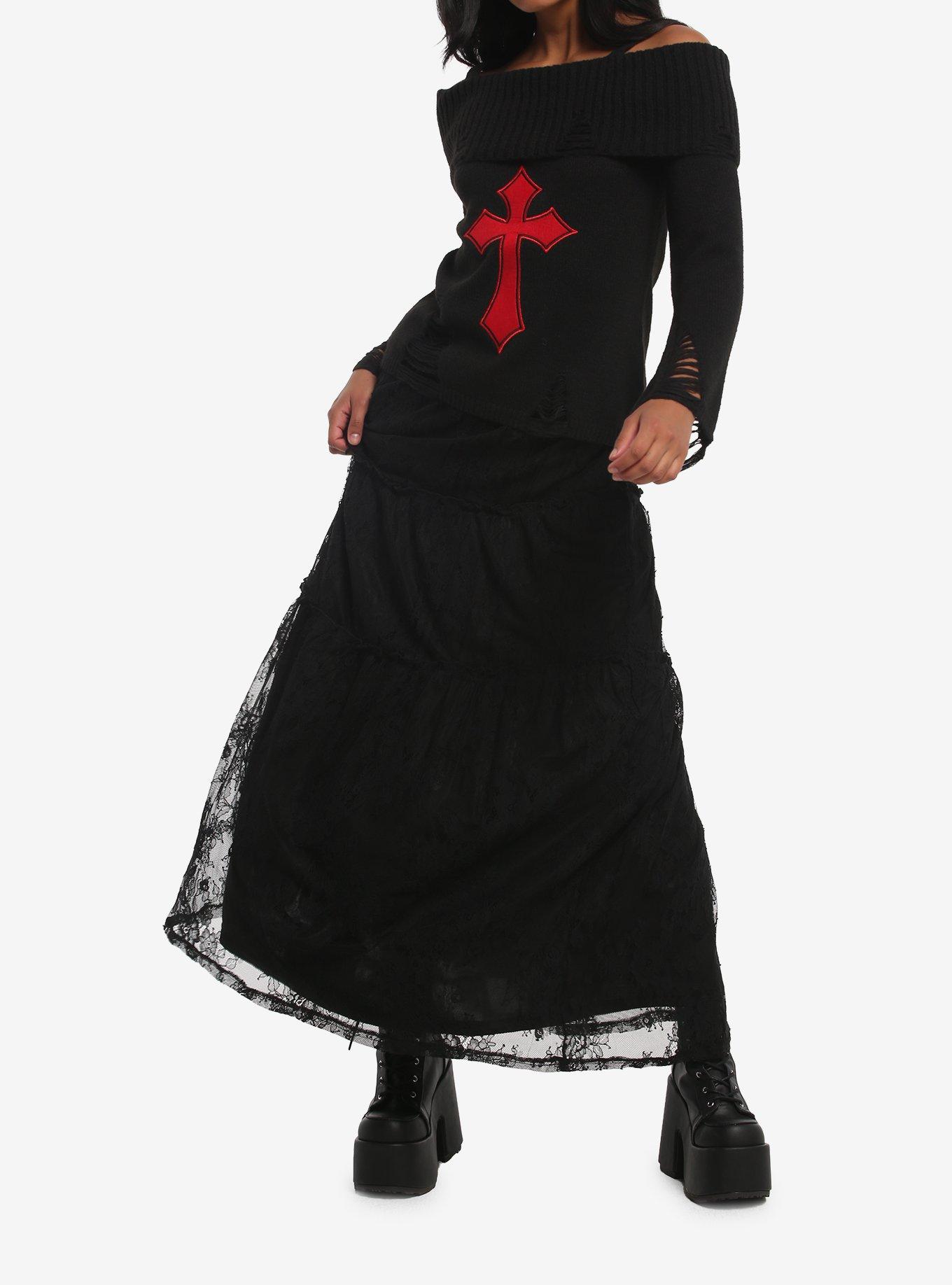 Social Collision Red Gothic Cross Girls Cold-Shoulder Sweater, MULTI, alternate - view 2